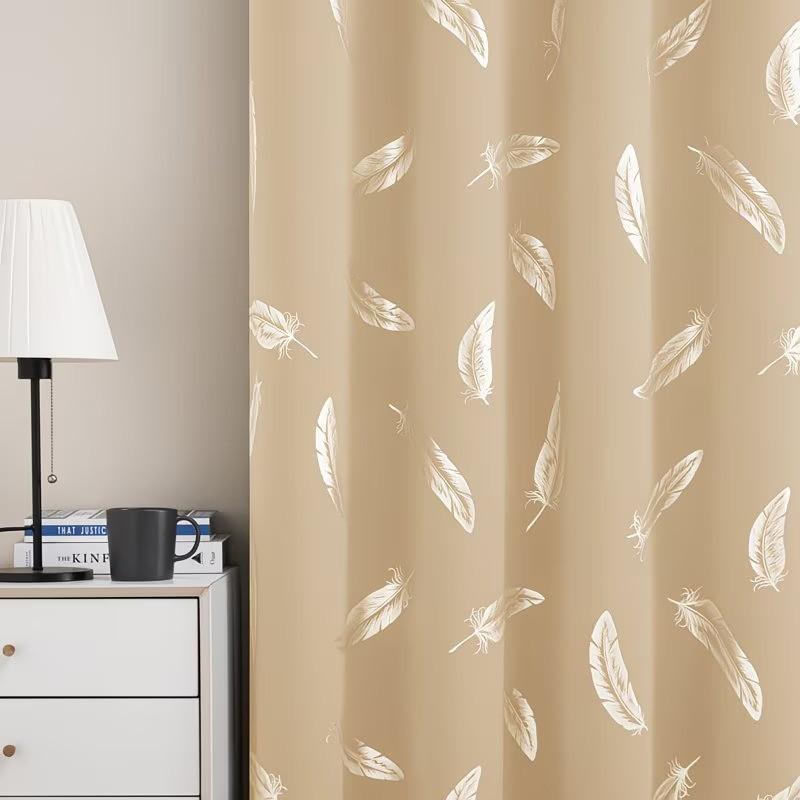 Two elegant feather-patterned decorative digital printed semi-transparent curtains made of polyester, suitable for living rooms and bedrooms, available in various pattern colors
