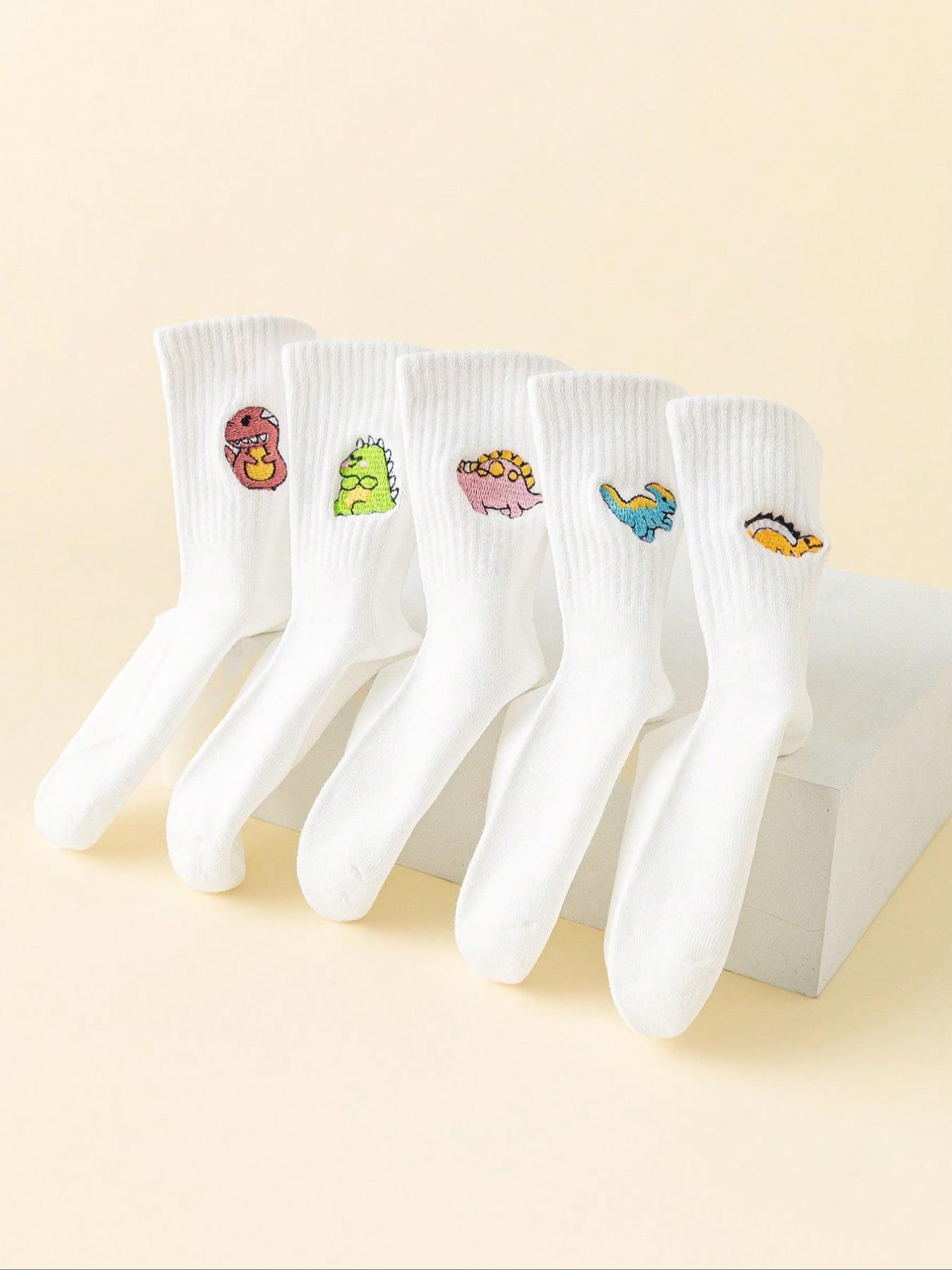 4 Pairs Kids Socks Cartoon Dinosaur Design, Unisex Mid-Calf Socks for Boys & Girls, Casual All-Season Wear, Random Colors