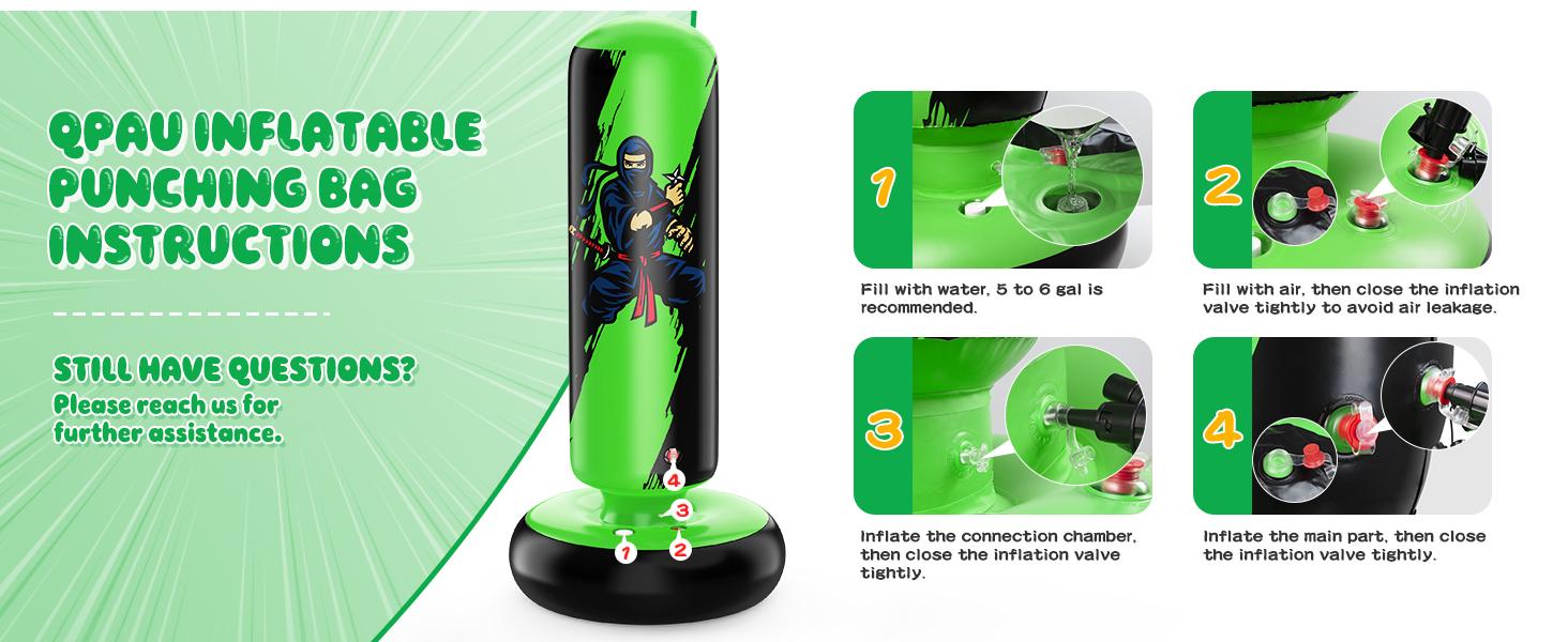 QPAU Premium PVC Kids Punching Bag 66 Inch Stable Inflatable Rebound Boxing Bag with Gloves Stand for Karate Taekwondo MMA Training Exercise Fitness Strength Fun Ages 6-12