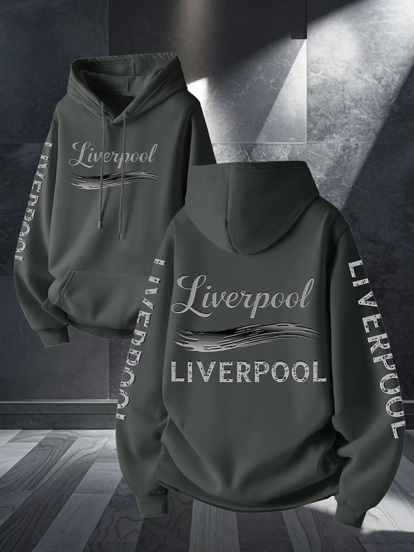 Liverpool Art Brush Print Hoodie, Unisex Long Sleeve Casual Sweatshirt, Geometric Pattern, Kangaroo Pocket, Fall & Winter Streetwear