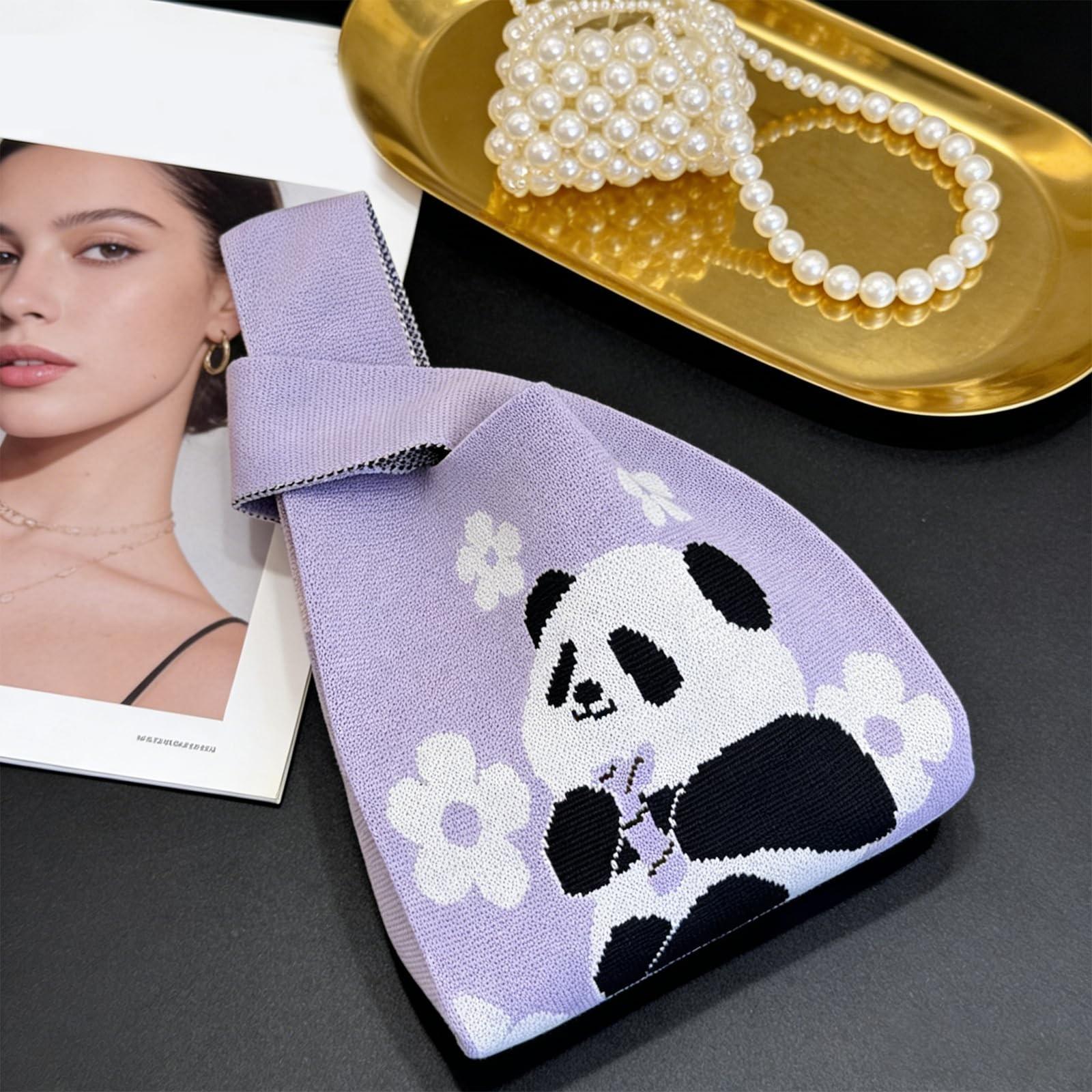 Cute Panda Pattern Handbag, Durable and Fashionable Knit Bag, Suitable for Women, Beach Bag, Makeup Bag, Crochet Bag