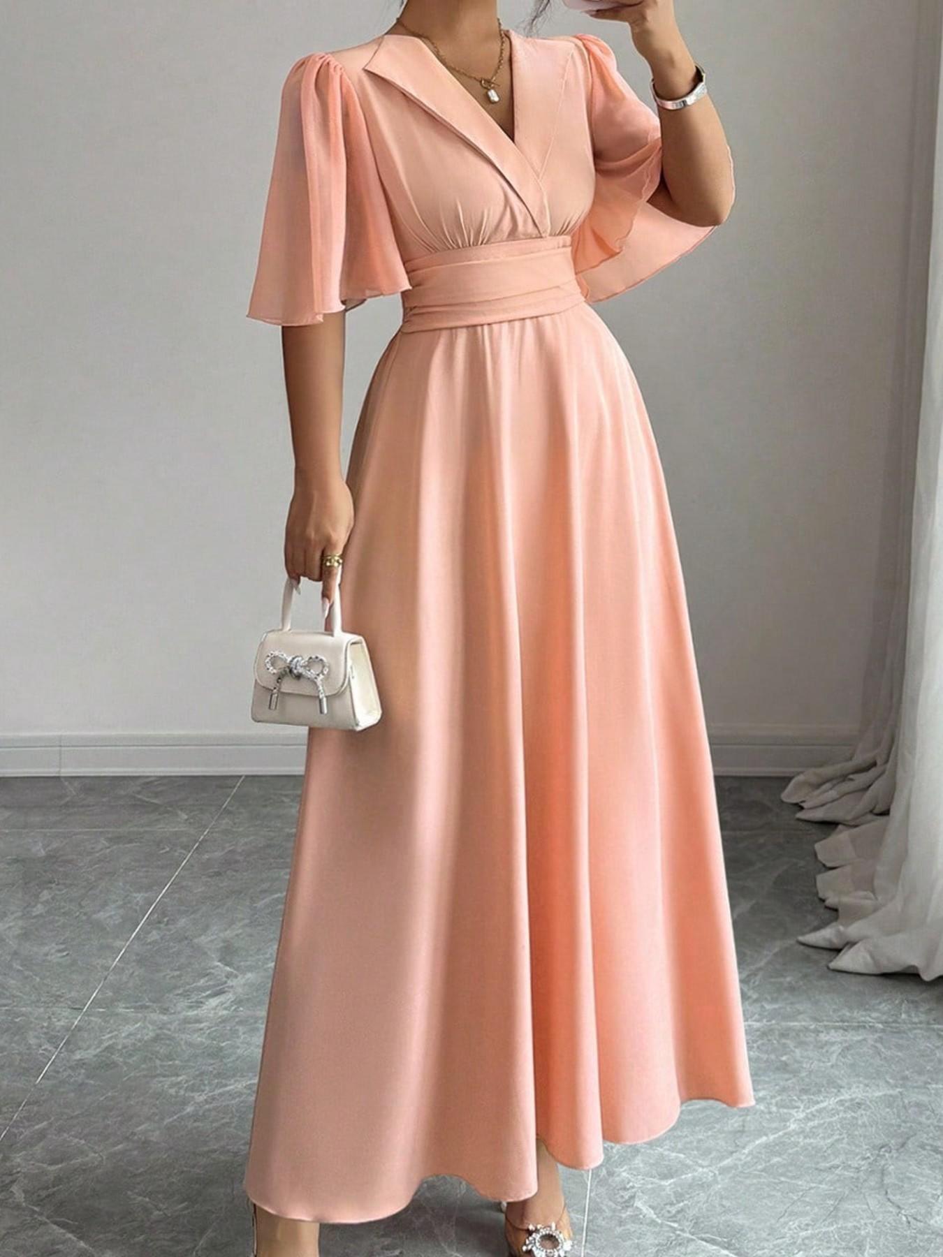 New Women's Lapel Neckline Dress, Waist Ruched Back Tie Chiffon Patchwork, Peplum Sleeves Design, Casual Elegant Chic Summer Dress