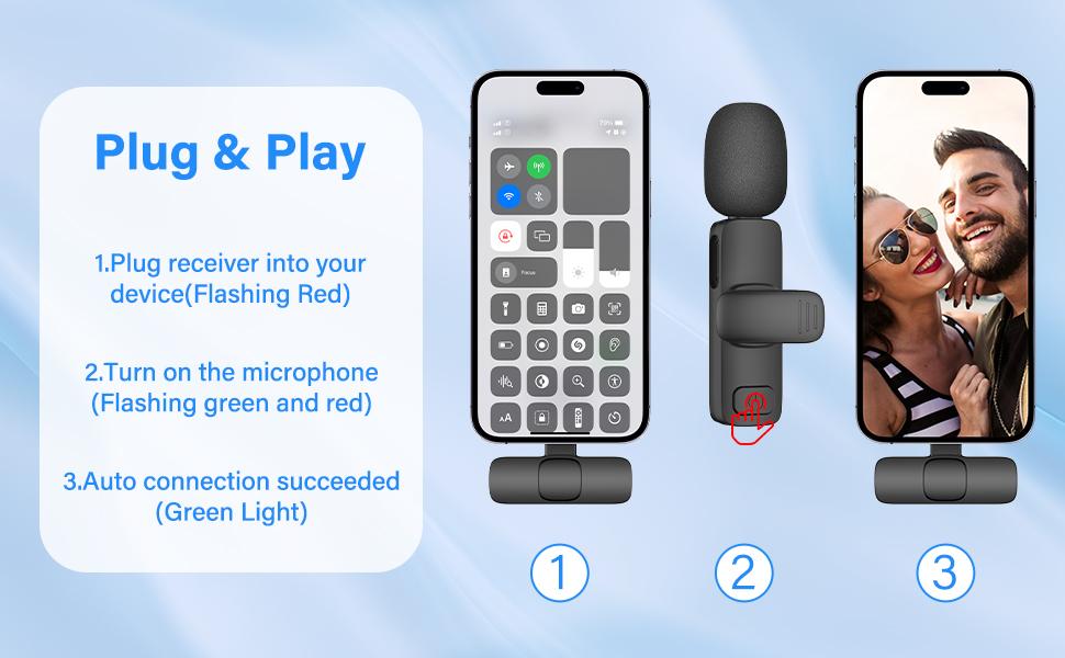 2 PCS Wireless Lavalier Microphone for iPhone, iPad,Android, USB-C Microphone Dual Wireless Microphone for Video Recording, Live Stream, Vlog Noise Reduction & Plug-Play(No Need App/Bluetooth)