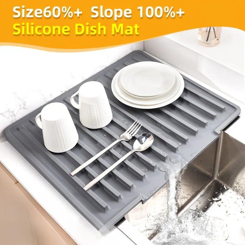 Thickened silicone kitchen draining mat, non-slip, heat-resistant, waterproof sink countertop draining mat, with drainage grooves, easy-to-clean and roll-up dish drying mat, protects dishes, plates, and countertops