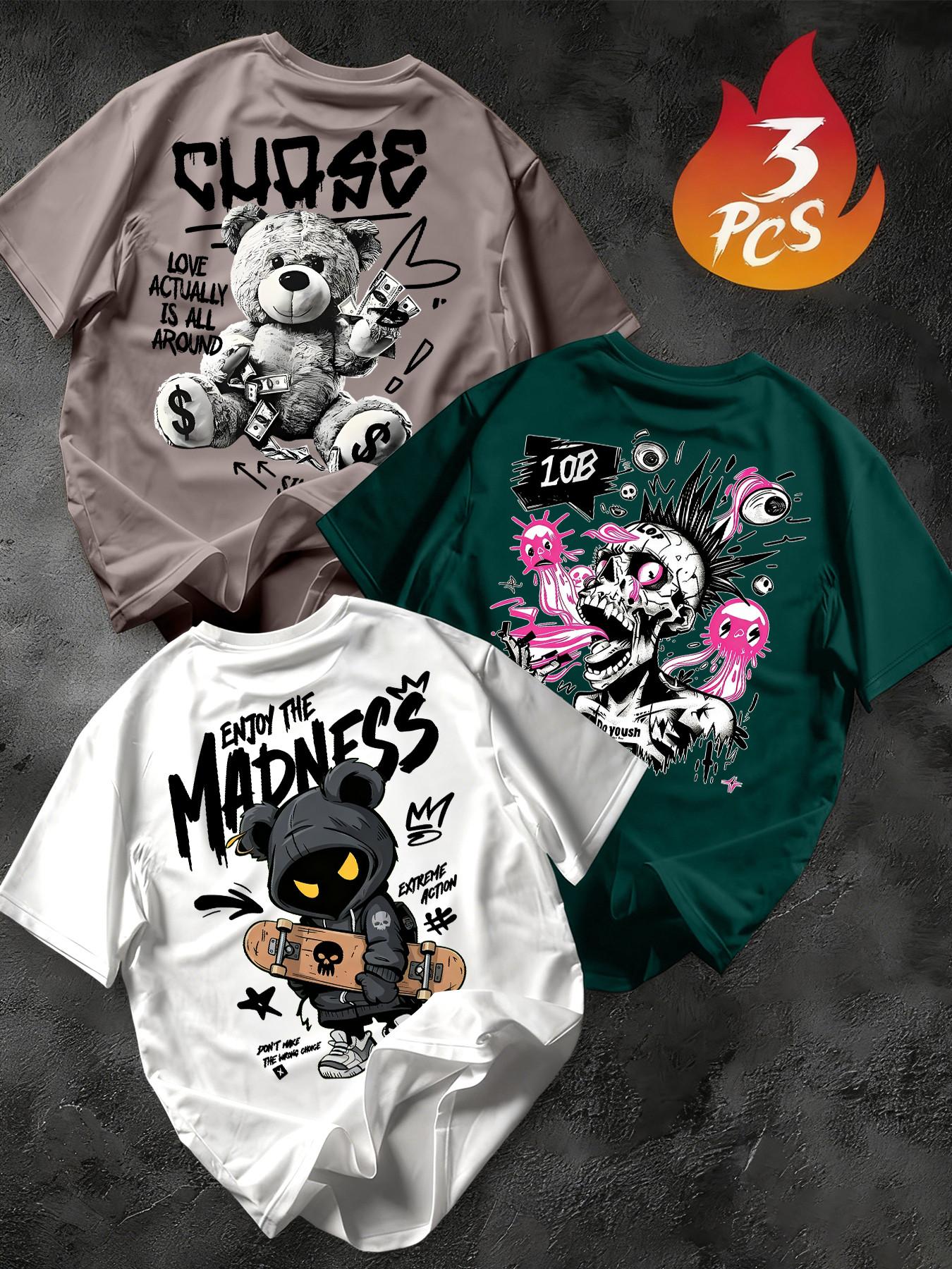 Men's 3-Pack Graffiti Round Neck Short Sleeve T-Shirts, Unique Cool Prints, Loose Fit, Casual Street Style, Streetwear, Daily Wear, Menswear