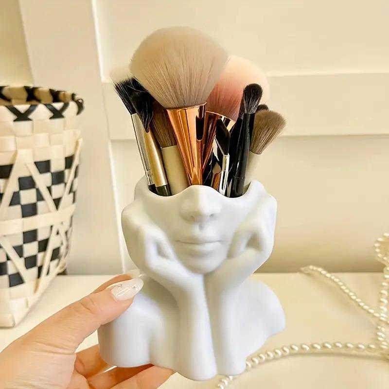 Face-Shaped Makeup Brush Holder - White Vanity Organizer with Eyebrow Pencil Slots, Portable & No Assembly Needed for Desk/Bathroom, Makeup Tool Organizer