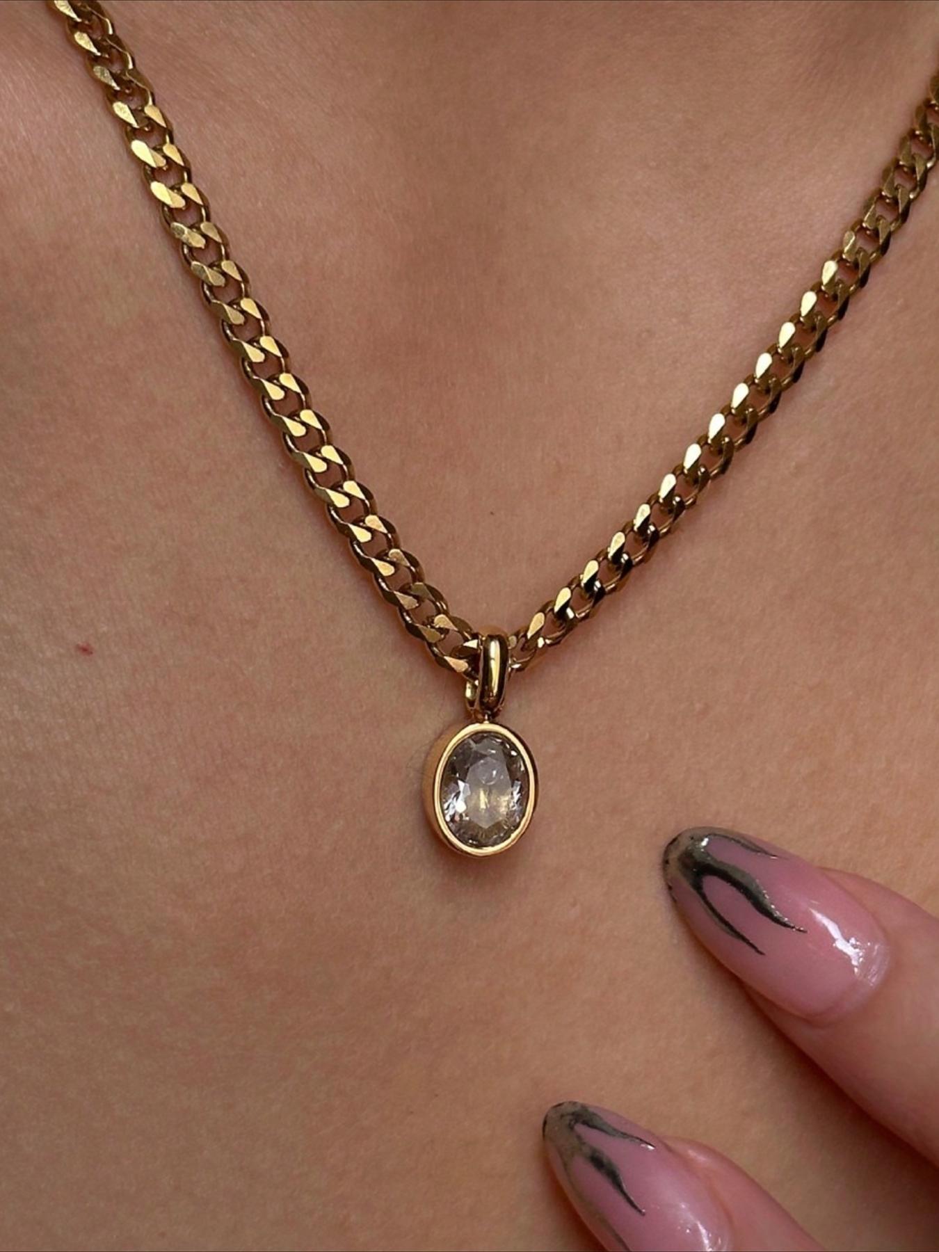 French Minimalist Fashion Elegant Oval Zircon Pendant Stainless Steel Necklace, Stylish Versatile Women's Daily Commute Jewelry Rhinestones Pendant Necklace