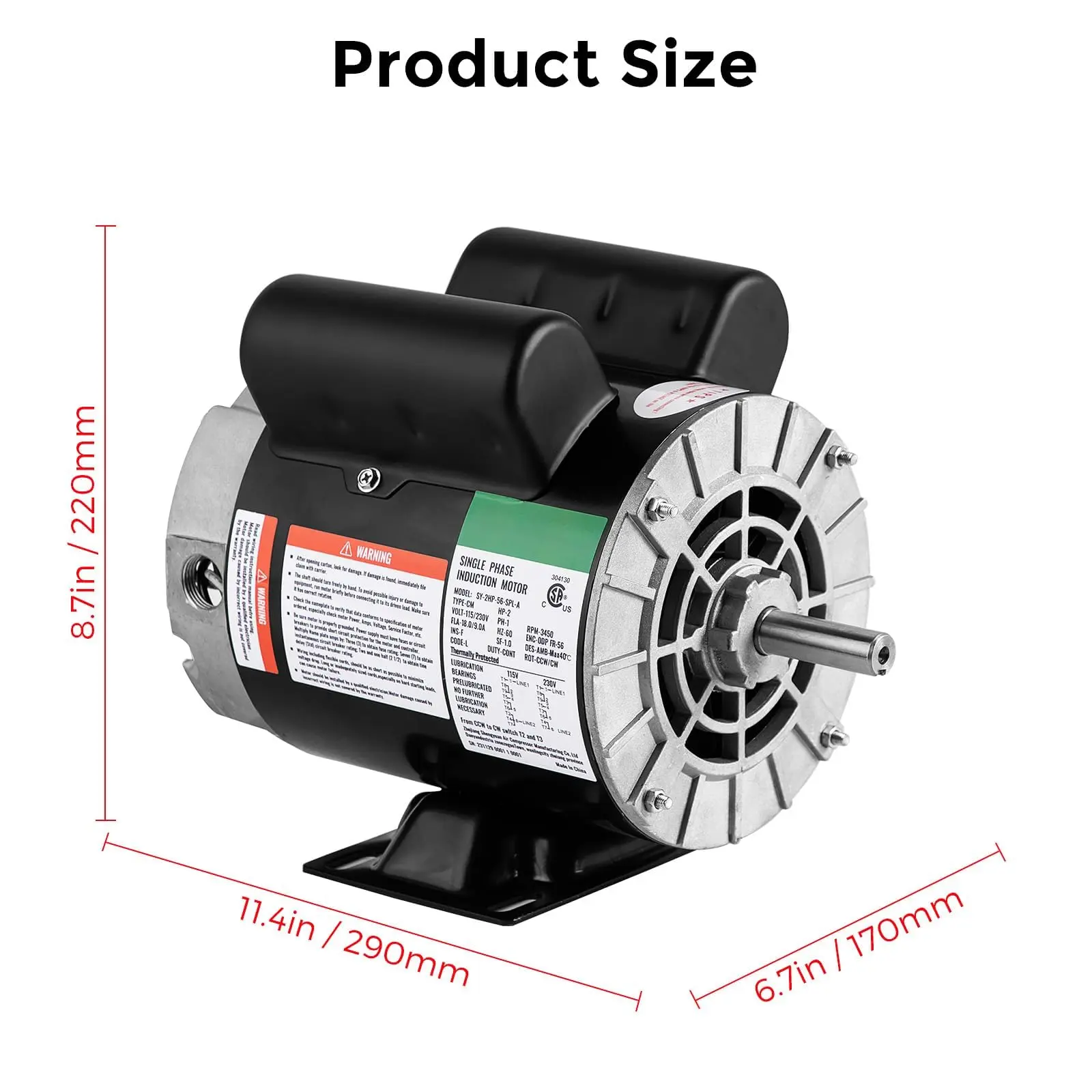 2HP SPL Air Compressor Motor, 3450 RPM 230V Electric Motor, 56 Frame 5/8 Keyed Shaft, Dual Rotation CW/CCW, Heavy Duty Replacement for Industrial Workshop Garage
