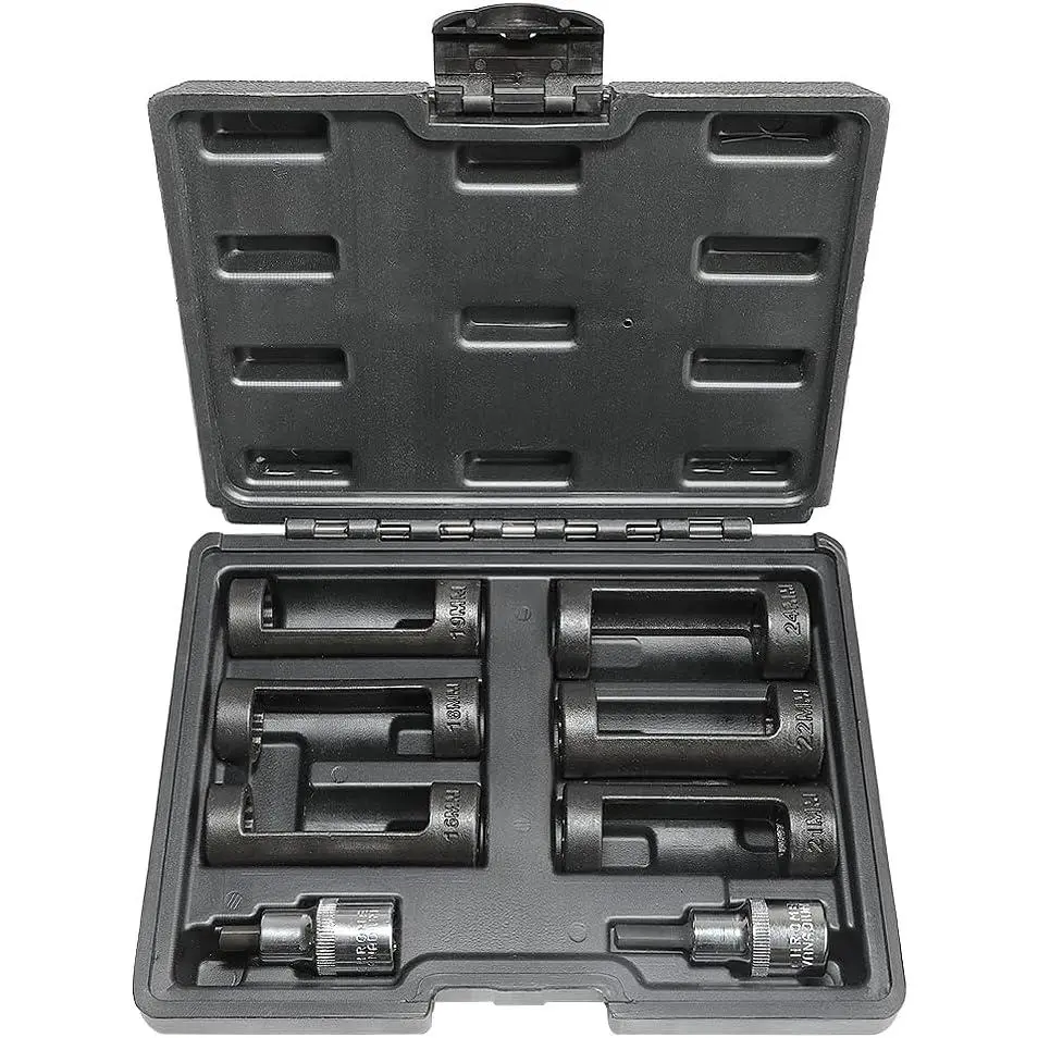 8pc Strut Nut Socket Set, 16mm 18mm 19mm 21mm 22mm 24mm, 12 Point, 1/2" Drive, Automotive Strut Removal Socket Tools