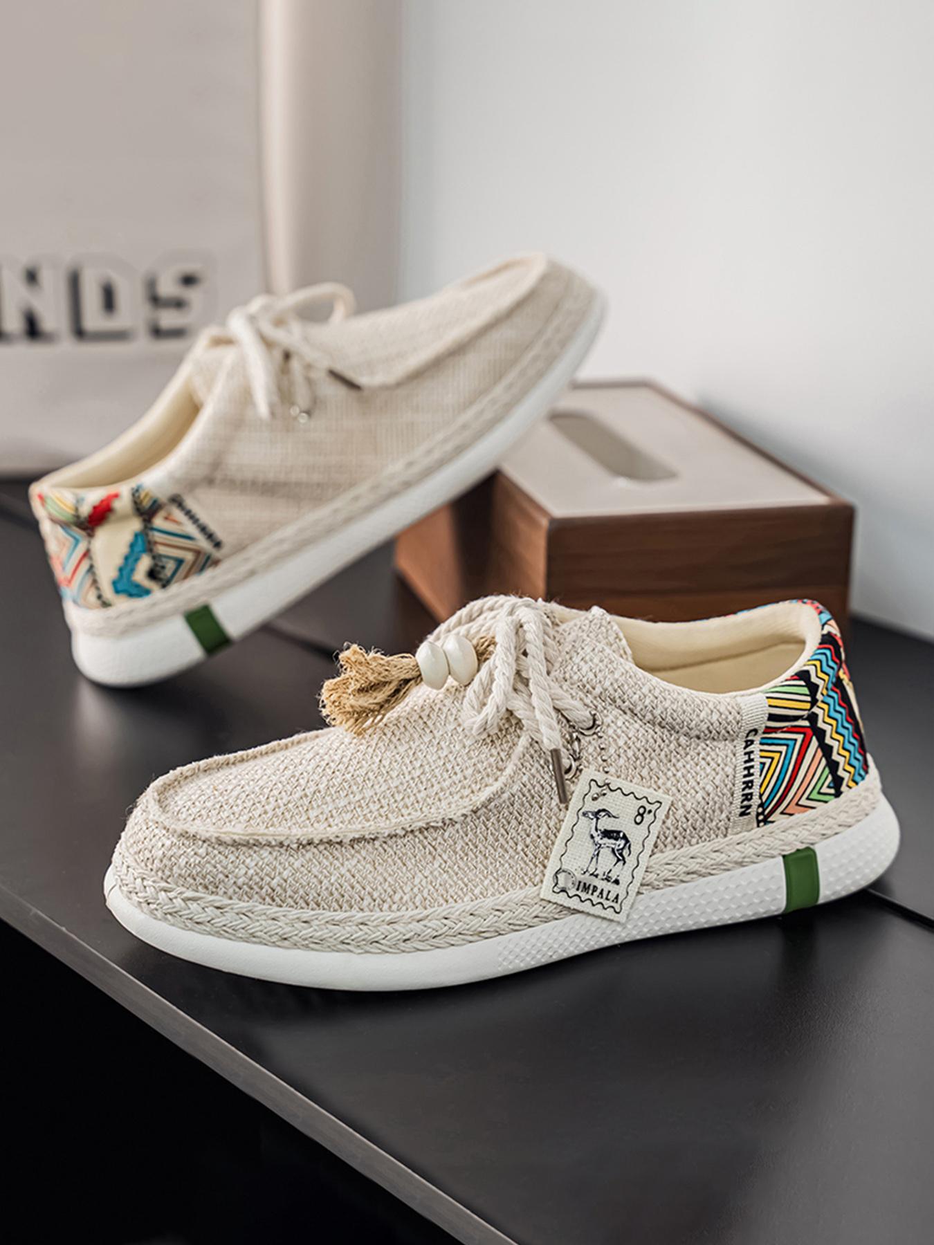 Summer New Men's Linen Shoes, Breathable Non-Stuffy, Colorblock Geometric Pattern, Fringe Decor, Retro Ethnic Style, Comfortable Thick Sole