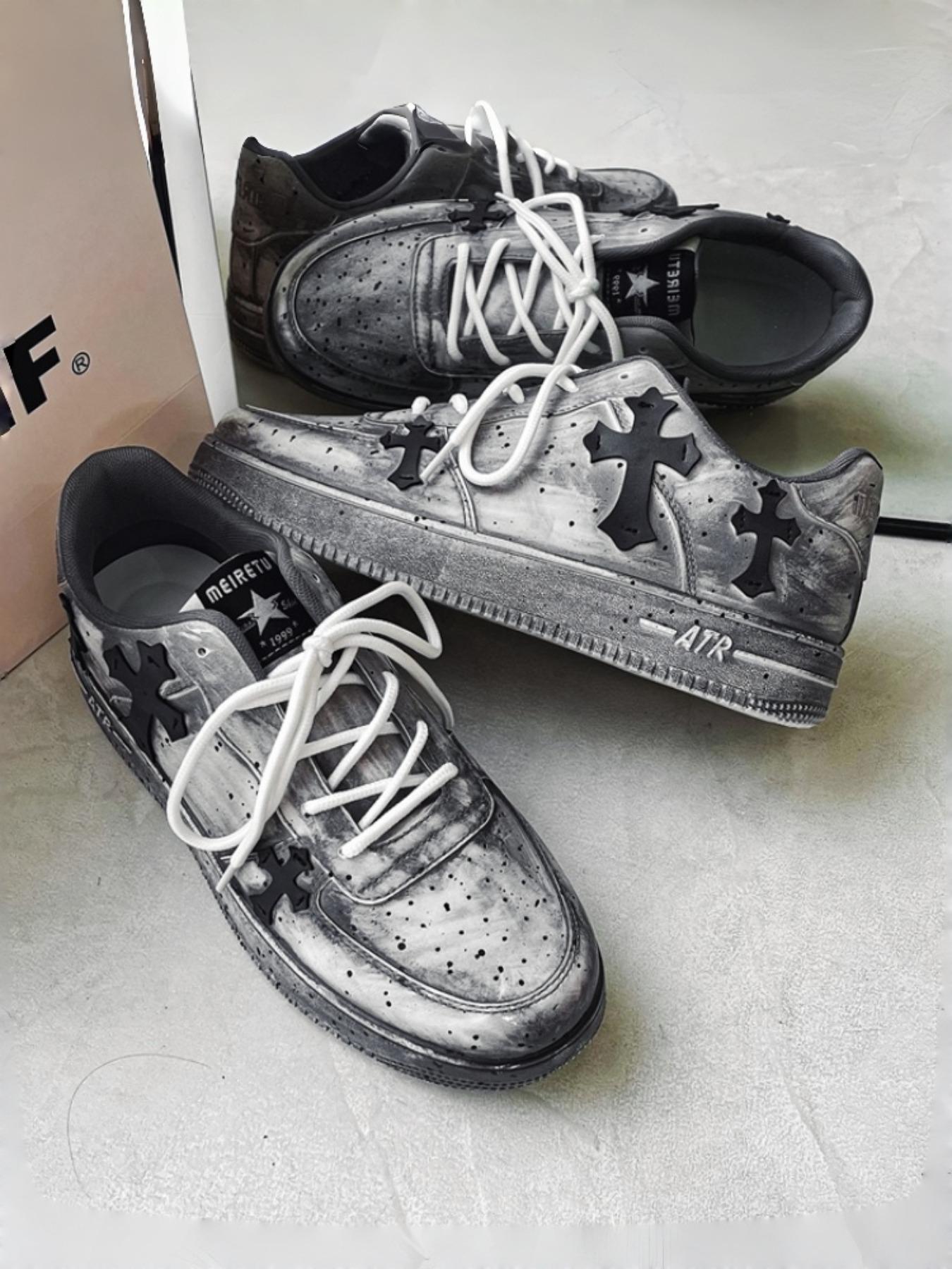 Men's Vintage Cross Sneakers, PU Leather Mid Top Casual Shoes, Soft Comfortable Non-Slip Design, Perfect for Daily Wear