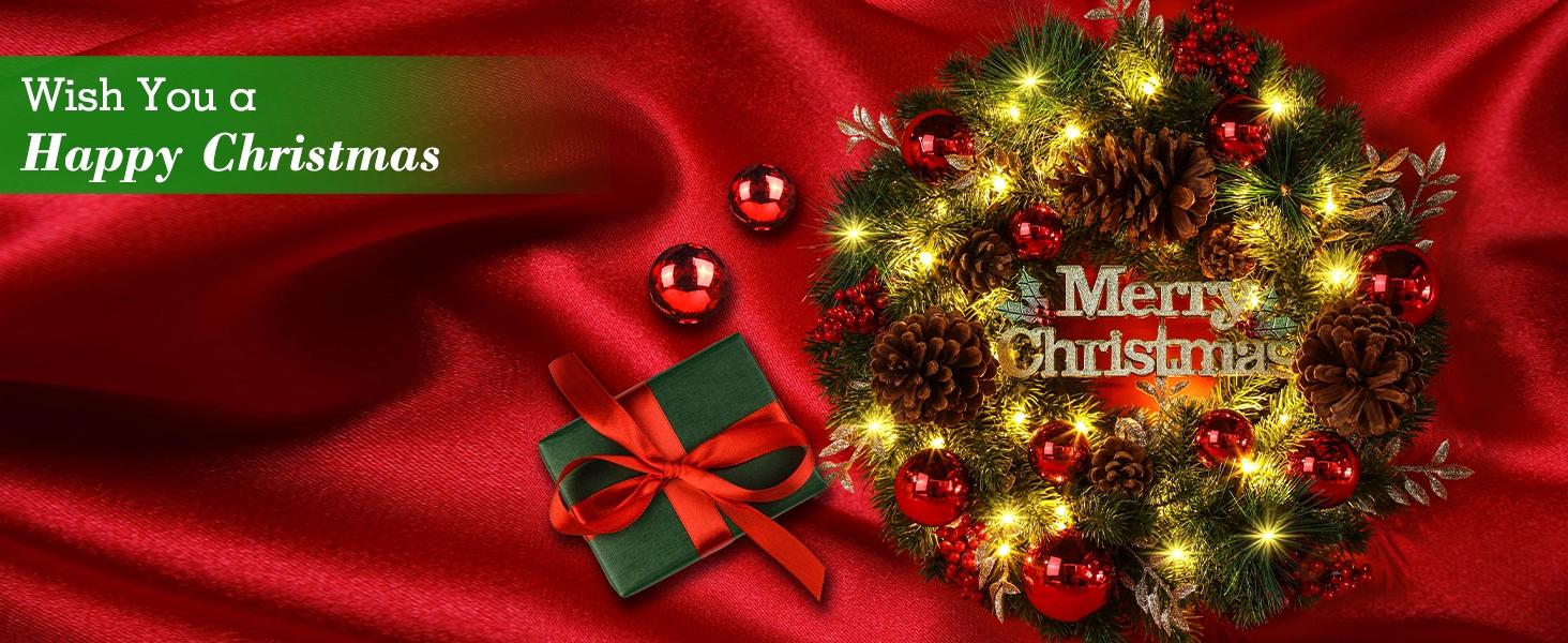 Christmas Wreath Light 16 Inch Christmas Front Door Wreath with Festive Holidays Decor for Indoor & Outdoor Fireplace Window Decor Ornaments Decoration Artificial Christmas Wreath for Front Door, Window, Fireplaces