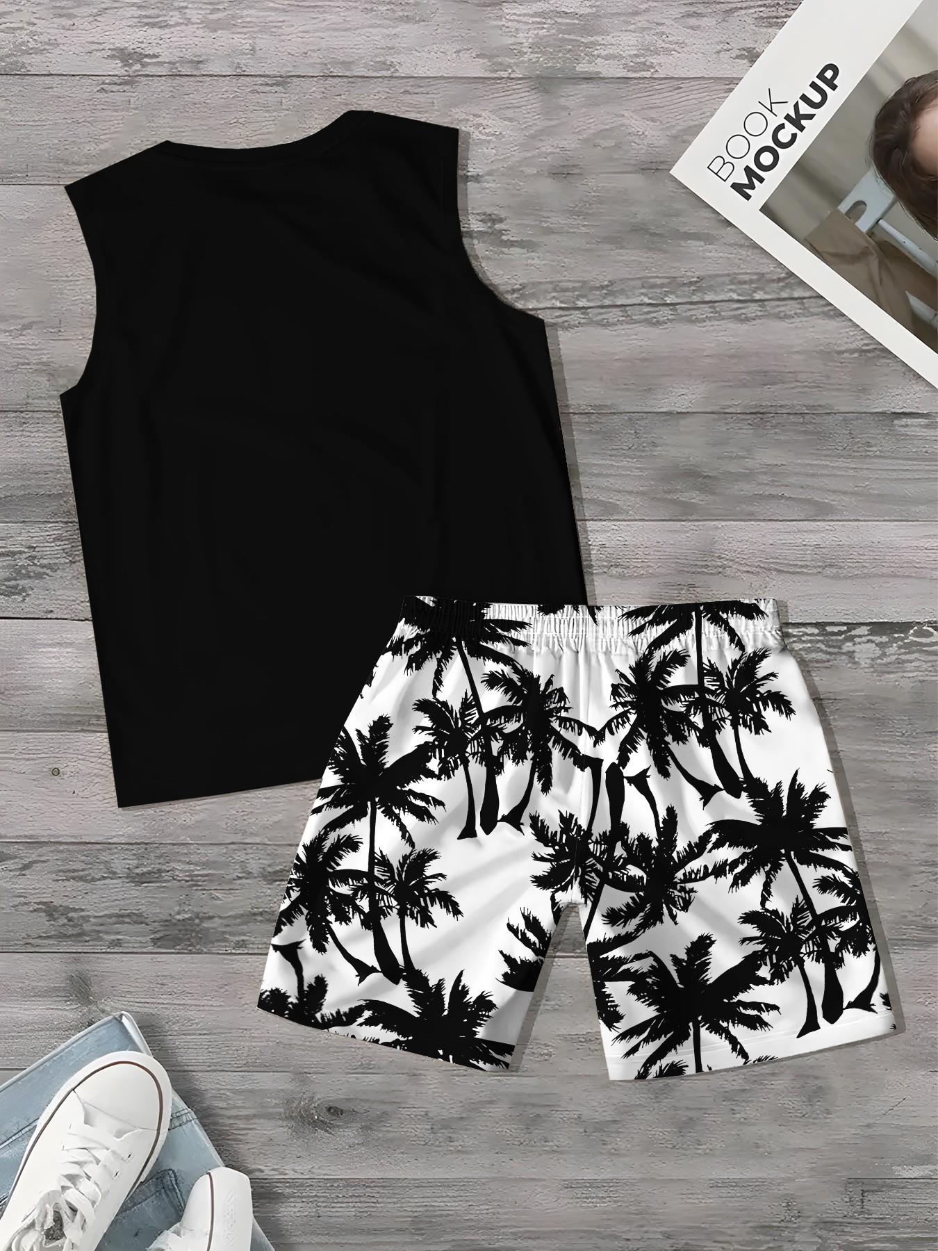 Men's Tropical Palm Tree Print Sleeveless Tank Top & Drawstring Shorts Set Summer Beach Casual Two Piece Outfit Streetwear Co Ord Set Suits