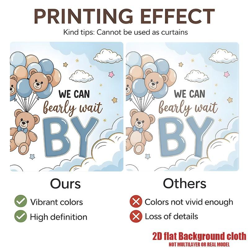 2D Flat, 1pc Adorable Bear & Balloon Shower "We Can Barely Wait"  Banner - Cute Bear Cub with Balloons Wall Decor, Party Background, Clear HD Print Polyester banner
