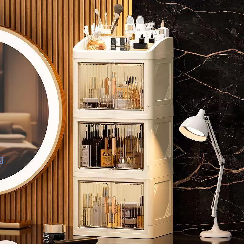 Transparent Foldable Cosmetic Storage Box, Multi-Layer Dual Door Desktop Dustproof Skincare Organizer, Desk Makeup Container, Makeup Tool Organizer, Beauty Organizer, Organizing Tool, Storage Organizer, Dustproof Makeup Organiser