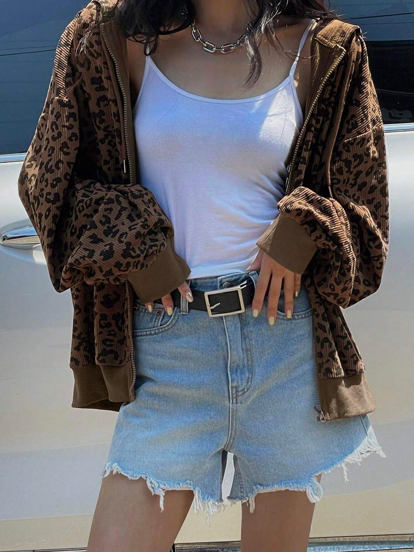 Women's Leopard Print Hooded Zipper Jacket, Casual Slim-Fit Fall & Winter Coat, Drawstring Design, Thick Kint Fabric