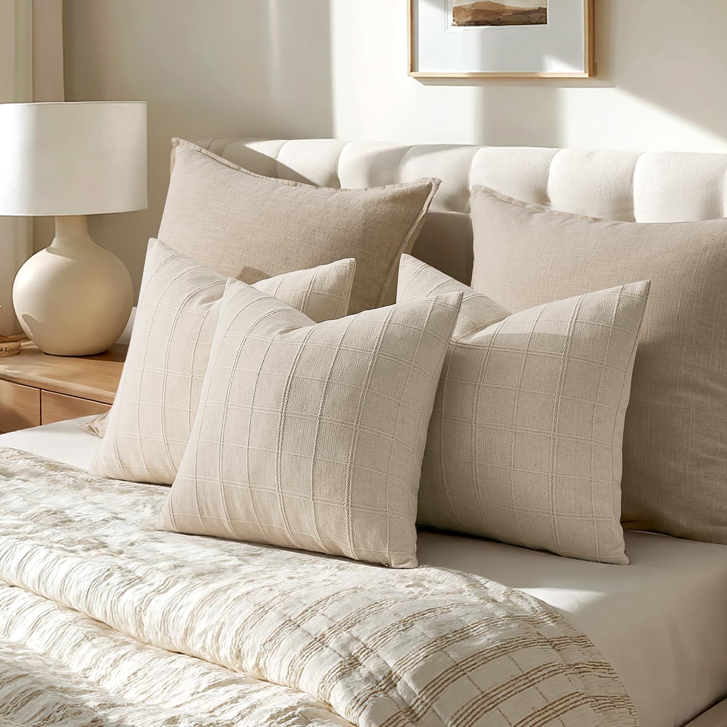 2Pcs Throw Pillow Covers Plaid Neutral Farmhouse Vintage Decorative Pillow Cover 45x45cm Square Boho Modern Pillowcase for Sofa Couch Living Room