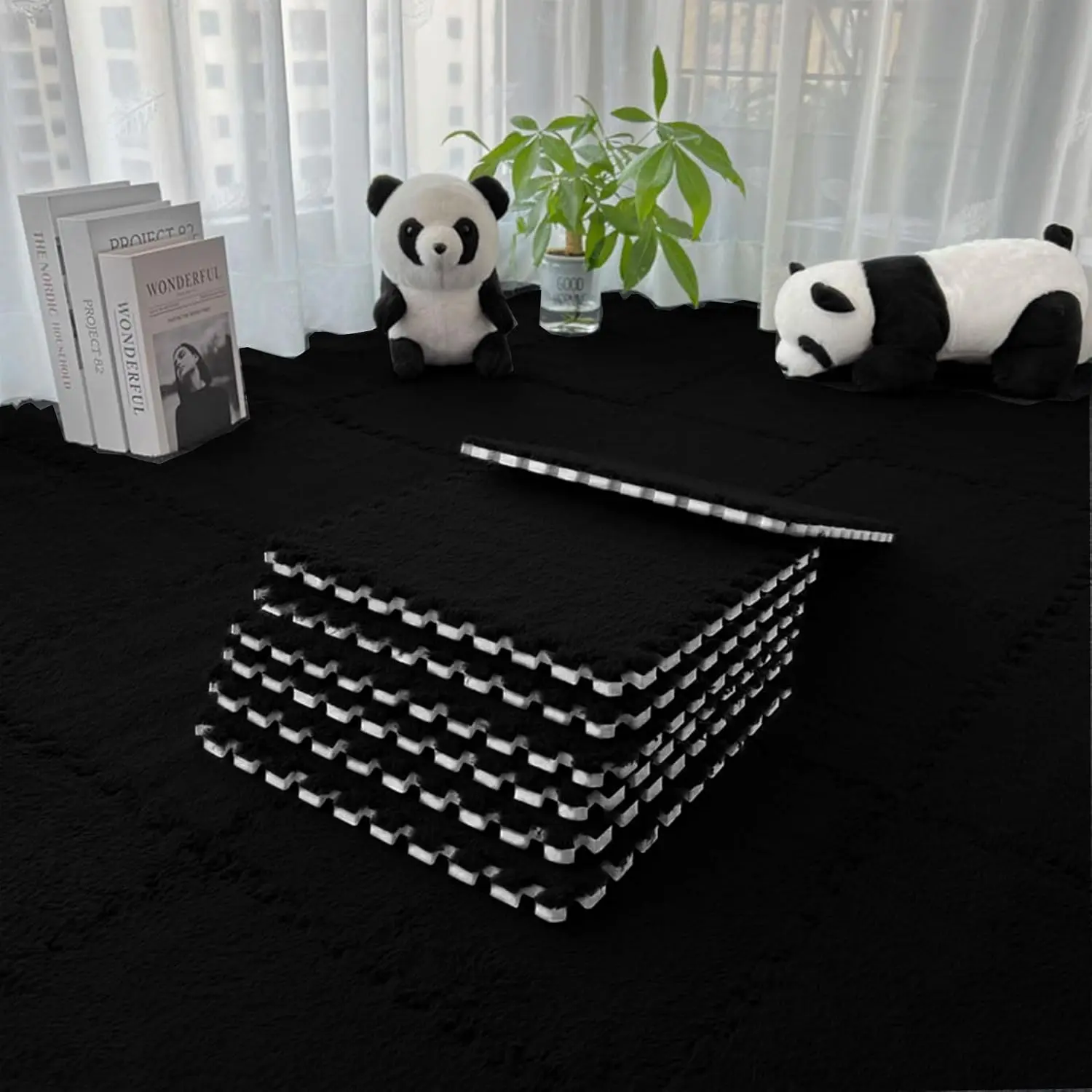 12 PCS Thickened Plush Interlocking Floor Mat Fluffy Square Tiles with 16 Edgings Soft Anti-Slip Puzzle Area Rug for Room (Black)