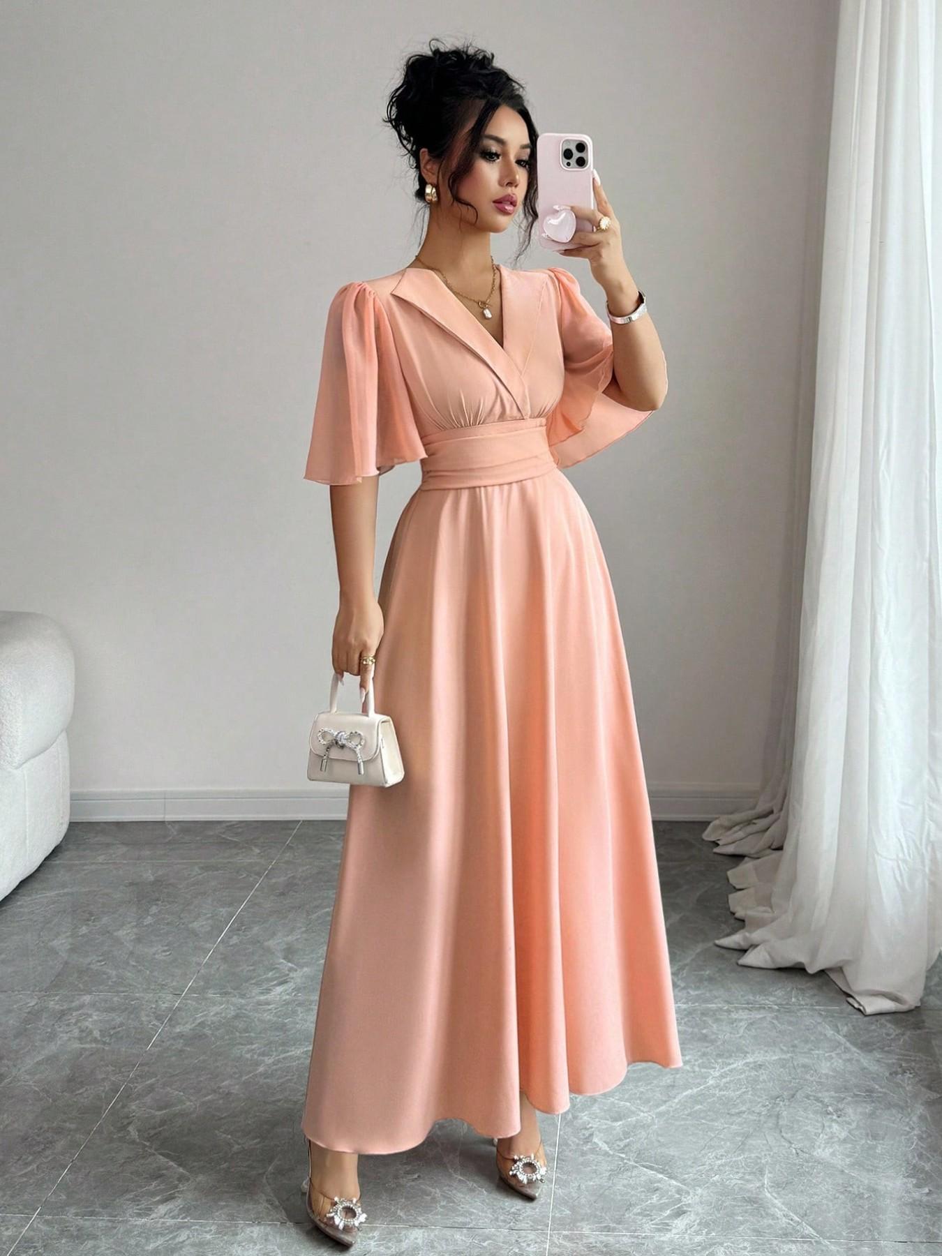 New Women's Lapel Neckline Dress, Waist Ruched Back Tie Chiffon Patchwork, Peplum Sleeves Design, Casual Elegant Chic Summer Dress