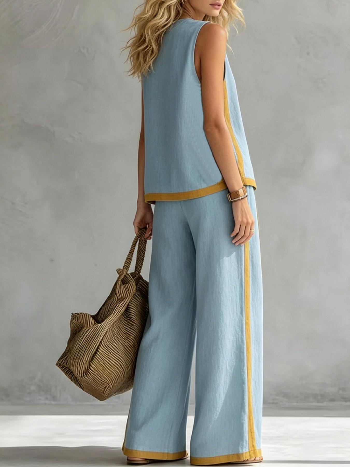 Women's Casual Loose color blocked sleeveless wide leg two-piece set, Colorblock casual set, with breathable surface suitable for commuting, daily wear. Multiple colors available