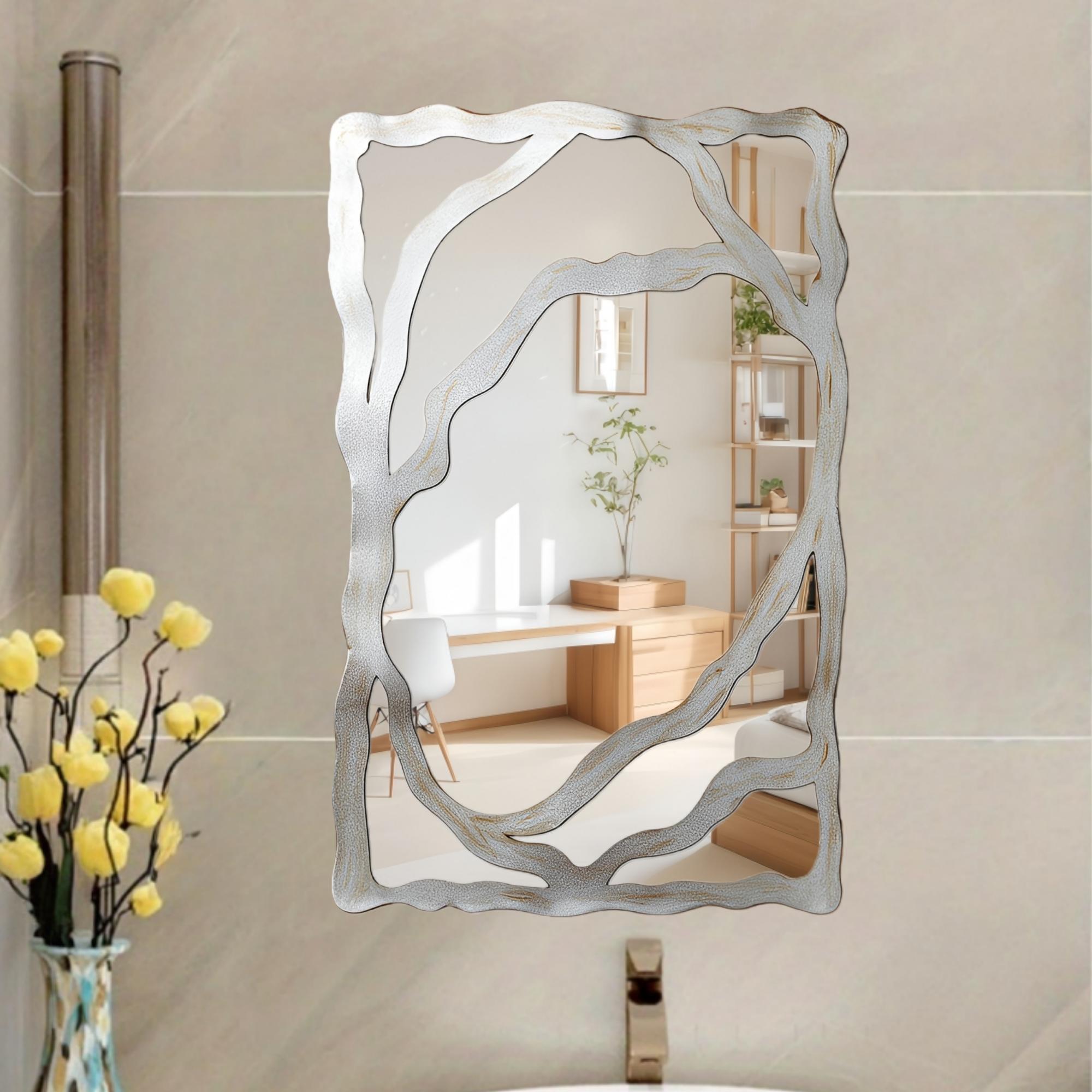 1pc, Modern classic silver rectangular shaped wall mirror decoration, made of acrylic material, non perforated self-adhesive wall mirror - irregular asymmetric shape, suitable for bedroom, foyer, bathroom, and home decoration, Home Decorative Mirror