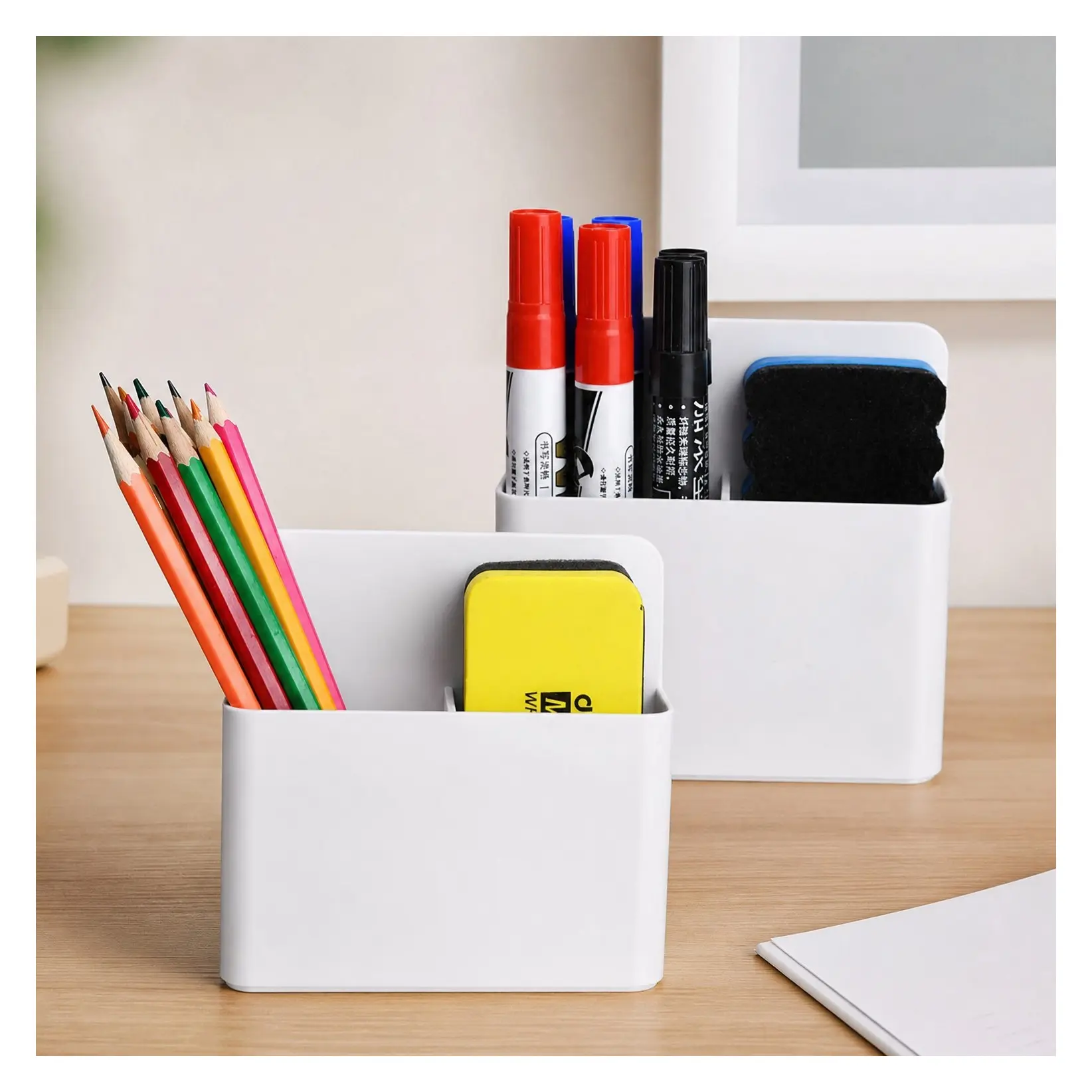 Magnetic Dry Erase Marker Holder, Pen and Eraser Holder for Whiteboard, Magnet Pencil Cup Utility Storage Organizer for Office, Refrigerator, Locker and Metal Cabinets, 2 PackGift