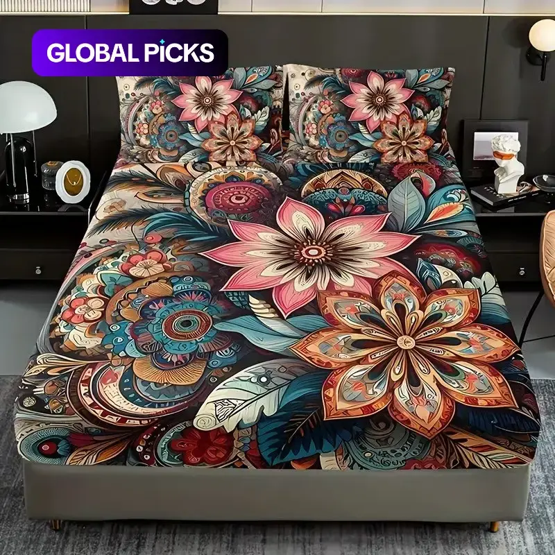 3pcs Boho Mandala Floral Bed Sheet Set, Boho Floral Bedding, Boho Sheets, 1 Bed Sheet + 2 Pillowcases, High-Definition Print, Home Dorm Use, No Inner Pillows Included #GLOBAL PICKS
