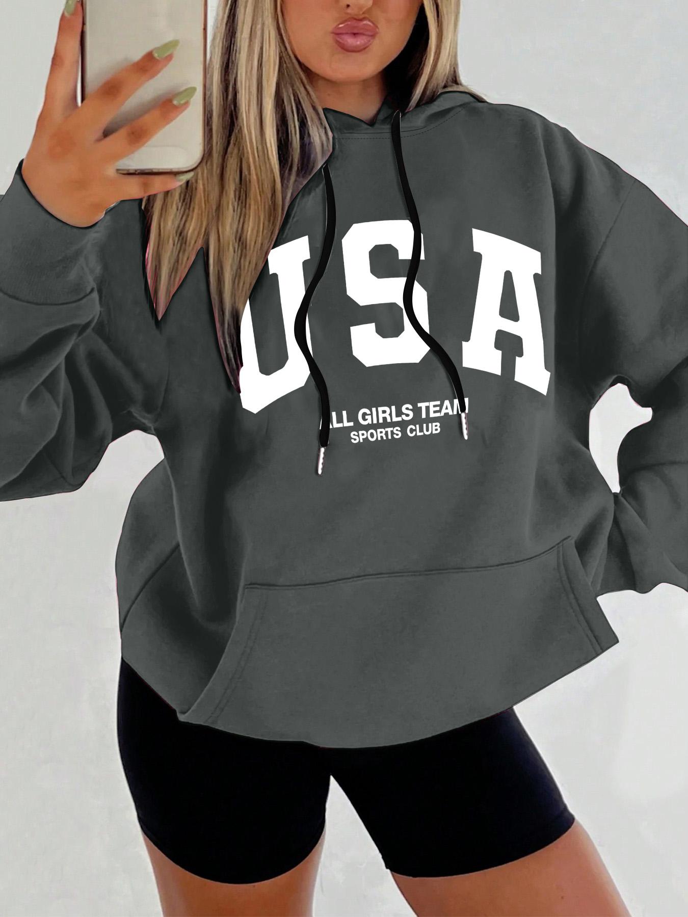 Women's Letter Print Drop Shoulder Hoodie, Fashion Casual Drawstring Pocket Hooded Sweatshirt for Daily Holiday Outdoor Wear, Women Clothing for Fall & Winter