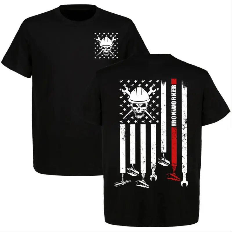 Graphic T-shirt Men's American Flag Ironworker Skull T-Shirt Patriotic USA Flag Hard Hat Crossed Wrenches Vintage Union Ironworkers Construction Gift Tee Shirt Dad
