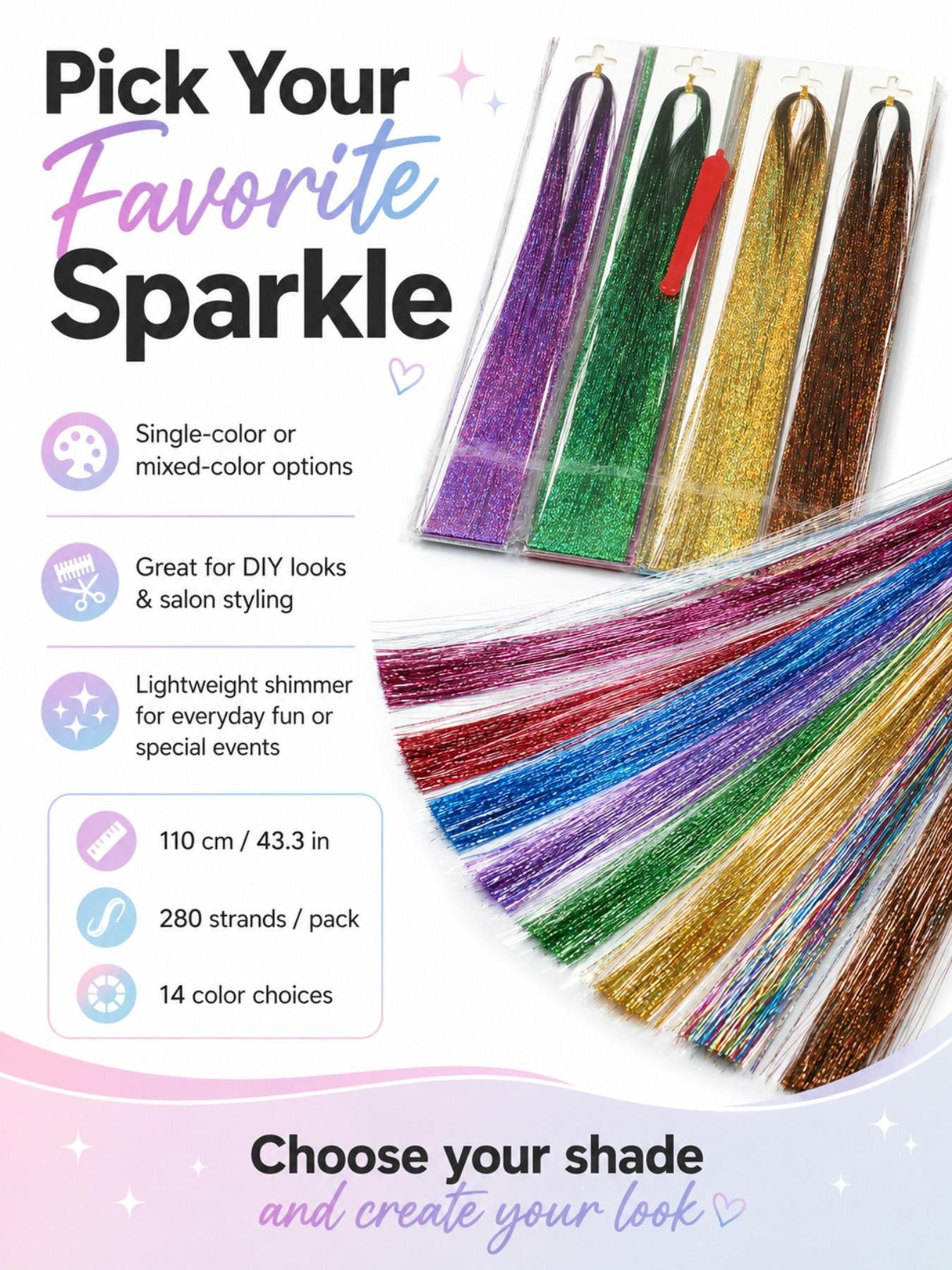 14pcs Glitter Colorful Clip On Hair Tinsel Kit,Synthetic Fiber Hair,20 Inch Clip In Hair Tinsel Extensions,Sparkle hair extensions,Clip-on Hair Pieces,clip in hair accessories,Cosplay Party Festival hair extensions