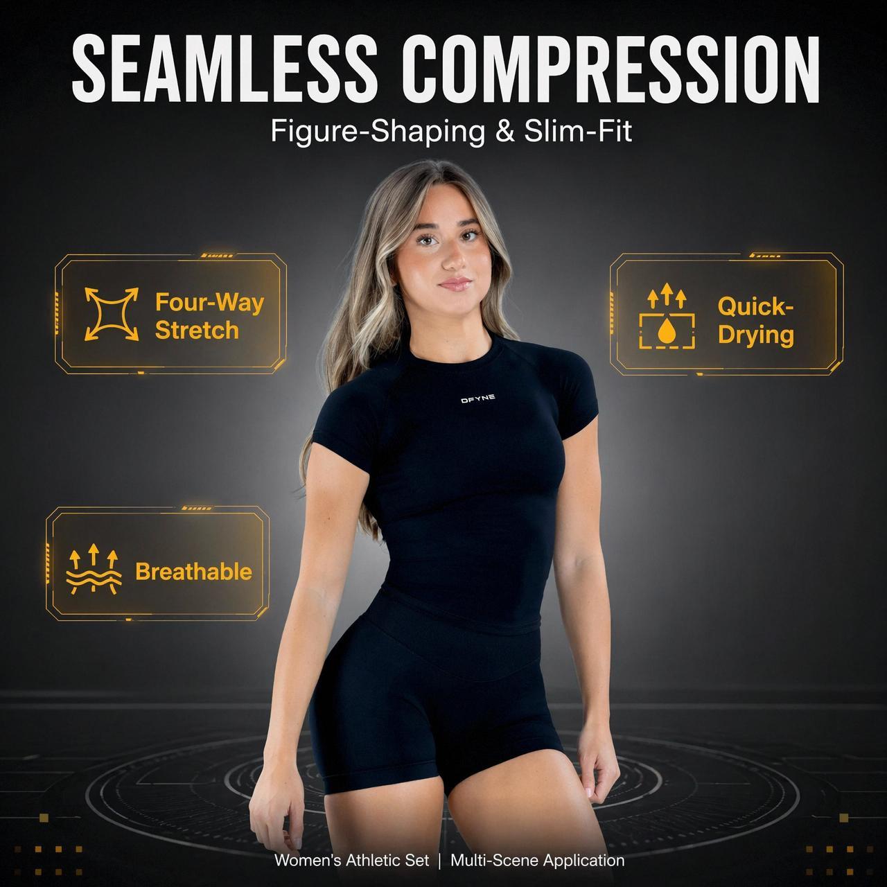 DFYNE Impact 2-Piece Short Sleeve & Shorts Set Sculpting Contour Breathable 4 Way Stretch Workout Outfit for Women Longline Fit Raglan Sleeves High-Stretch Durable Shape-Retaining, 2 Piece Sets, Gym Outfits