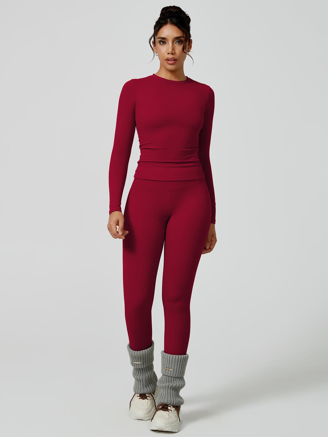 Women's Solid Long-Sleeve Tee & High-Waist Leggings Set, Sporty Round Neck Top & Skinny Pants 2-Piece Set for Gym Workout and Running, Ladies Fall & Winter Sportswear, Sports Fitness Wear, Workout Running Outfits