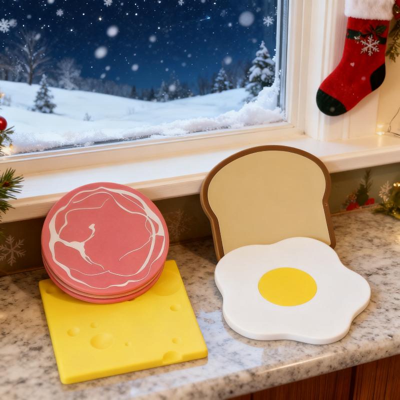 1pc of Silicone Coaster for HCute Food Shapedome Decor, Available in Four Designs: Ham, Cheese, Egg, And Toast Shapes.It Is Non-Slip, Heat-Resistant, And Serves As a Coffee Coaster And Desktop Protector.Easy to Clean by Hand, Perfect for Families, Cafes