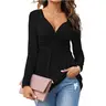 PiePieBuy Women's Plain Tie-Knot Front V-Neck Long Sleeve Cotton-Polyester Blend Fabric Top - Lightweight Cute Casual Blouse for Going Out, Party Wear
