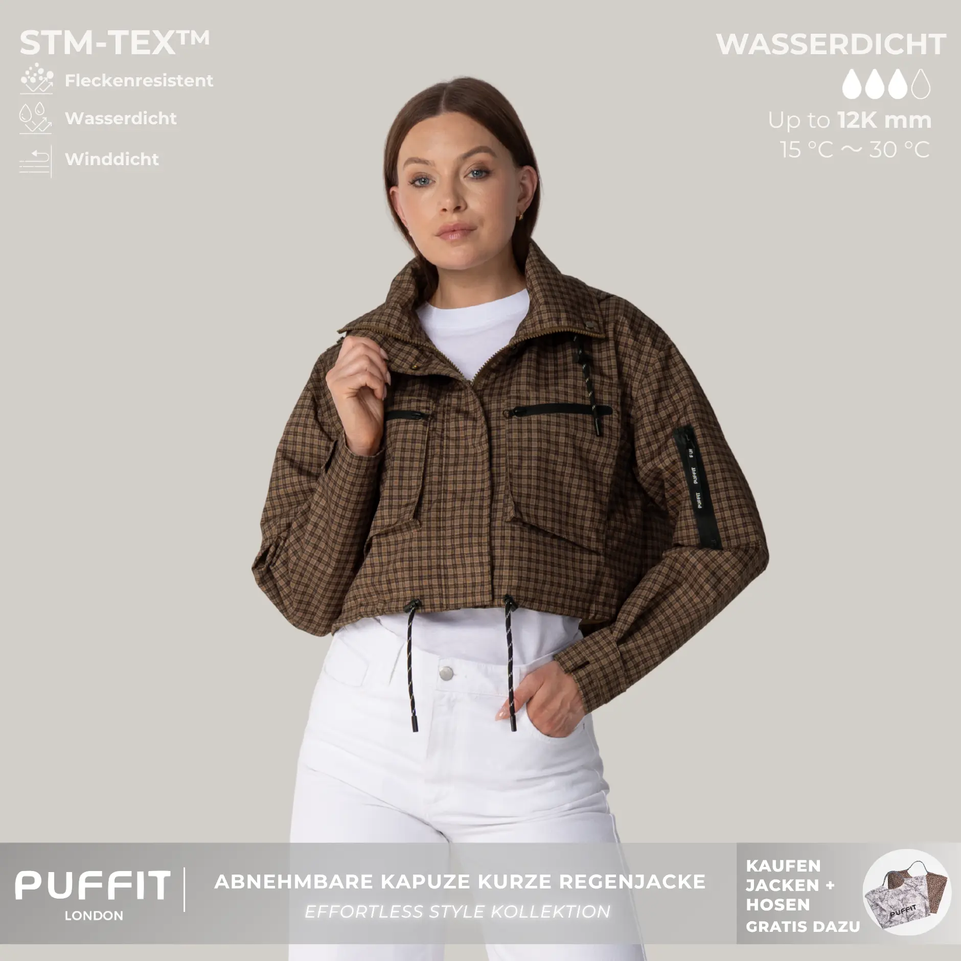 PUFFIT STM-TEX Elevated Cropped Detachable-hood Rain Jacket With Drawstring Hem,WaterProof,Stain Resistant,Windproof,Women's Rain Jacket,Breathable Stylish,Inner Pocket Design,Outdoor Sport,Windbreaker,School Running,Womenswear,,Fall,Winter,2026 Shopping