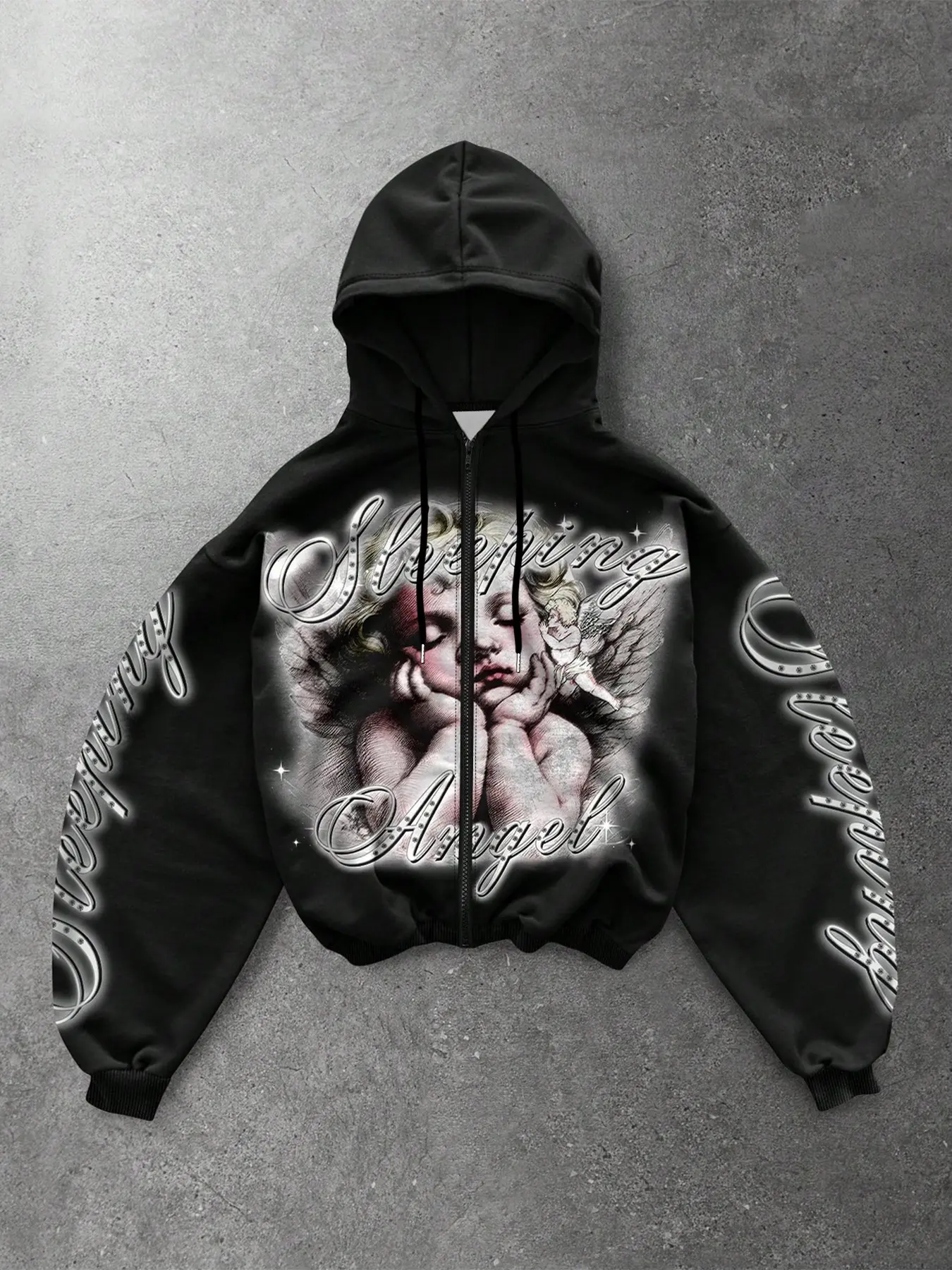 Men's Loose Full-Zip Hooded Jacket With Vintage Sleeping Angel Graphic Print, Suitable For Gothic Street Style, Hip Hop Style And Trendy Daily Outfits