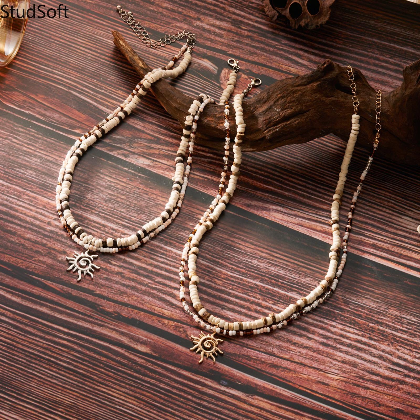 Boho Men Beaded Necklace Double Layer Sun Pendant Coconut Shell Choker High-Quality Handmade Cois Unisex Summer Beach Casual Gift Jewelry,back to school,back to school haul