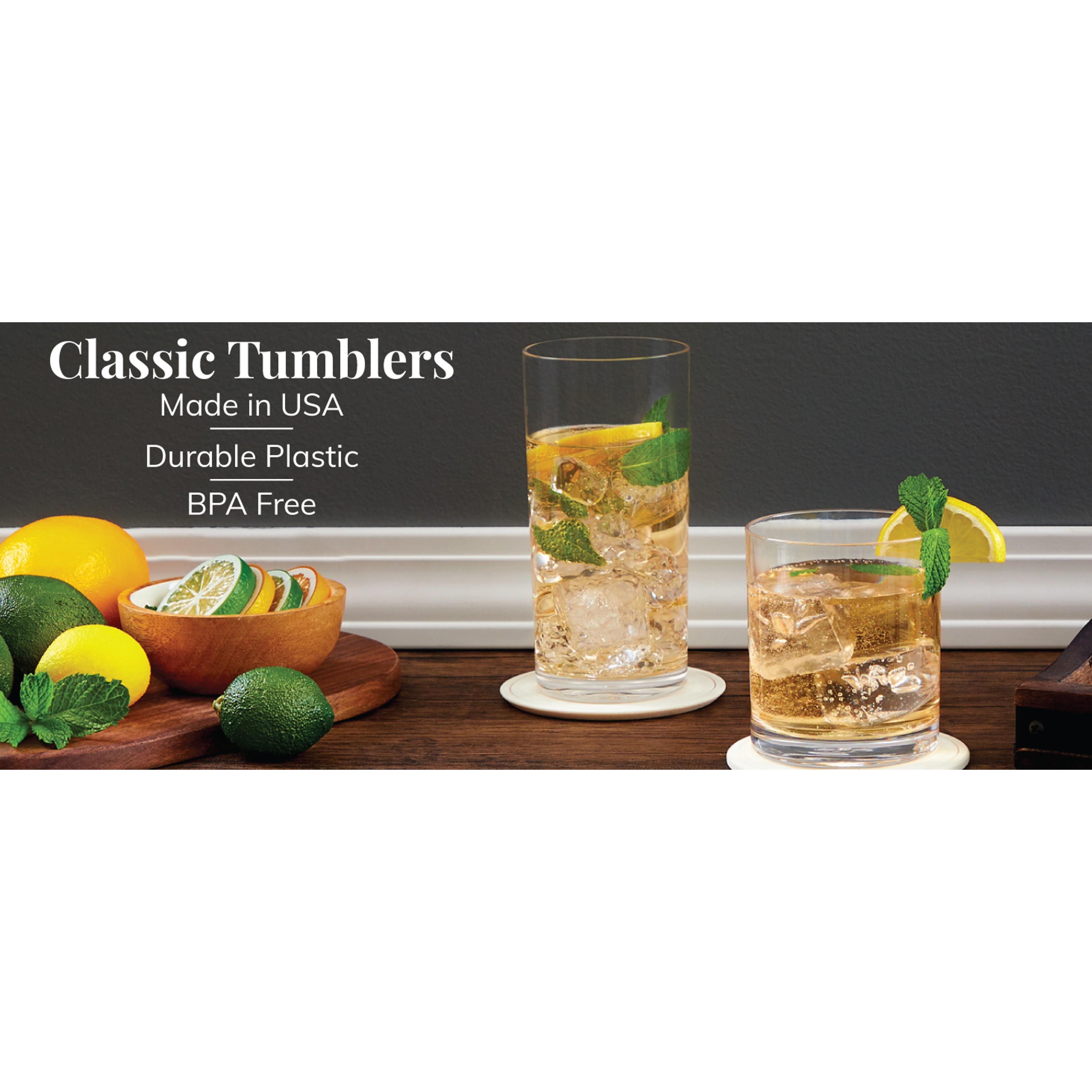 Classic Clear Plastic Reusable Drinking Glasses (Set of 8) 12oz Rocks & 16oz Water Cups | BPA-Free Tumblers, Made in USA | Top-Rack Dishwasher Safe