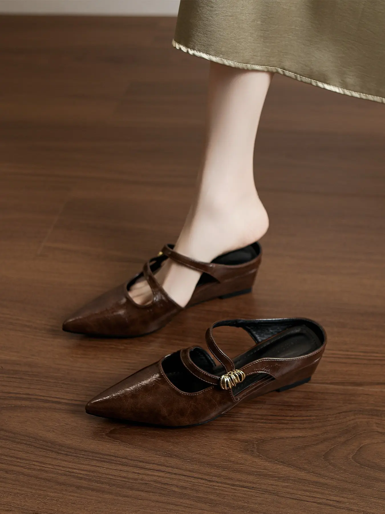 Elegant Champagne Metal Pointed Toe Slip-On Shoes, Buckle, 4cm Low Heel, Open Back Mules, Versatile Office & Date Shoes