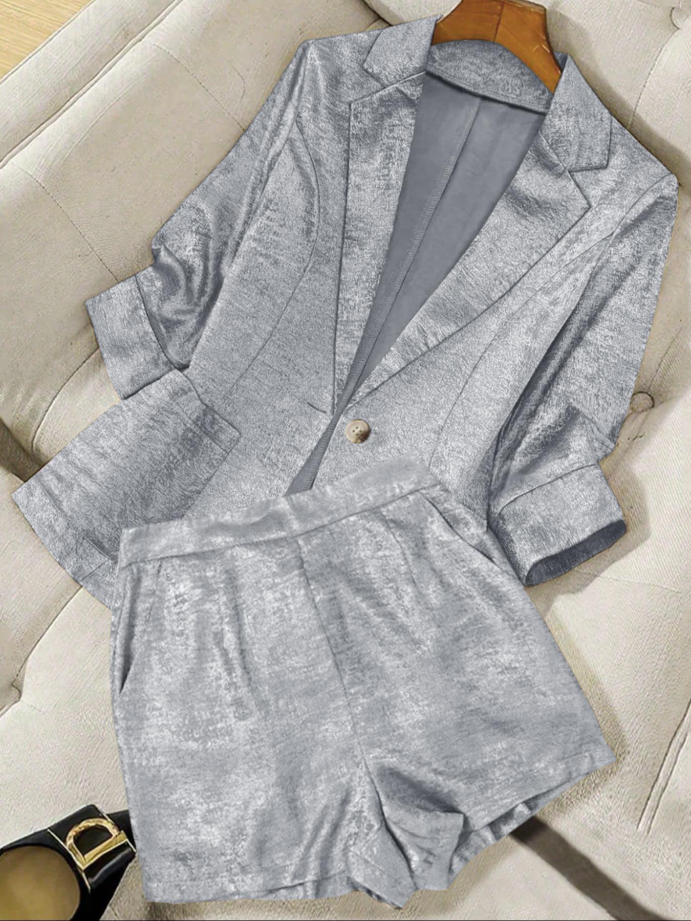 Two-Piece Set Women's Solid Color Blazer & Shorts, Casual Outerwear & Shorts for Daily Wear, Ladies Clothes for Summer Suits