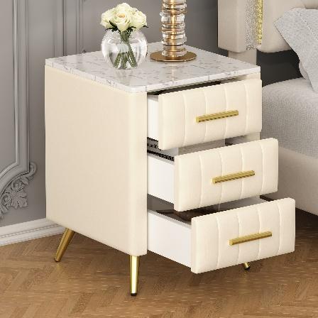 Upholstered Wooden Nightstand with 3 Drawers and Metal Legs&Handles, Bedside Table with Marbling Stickers Worktop - Beige,Velvet Nightstand with Marble Top, Large Storage Space