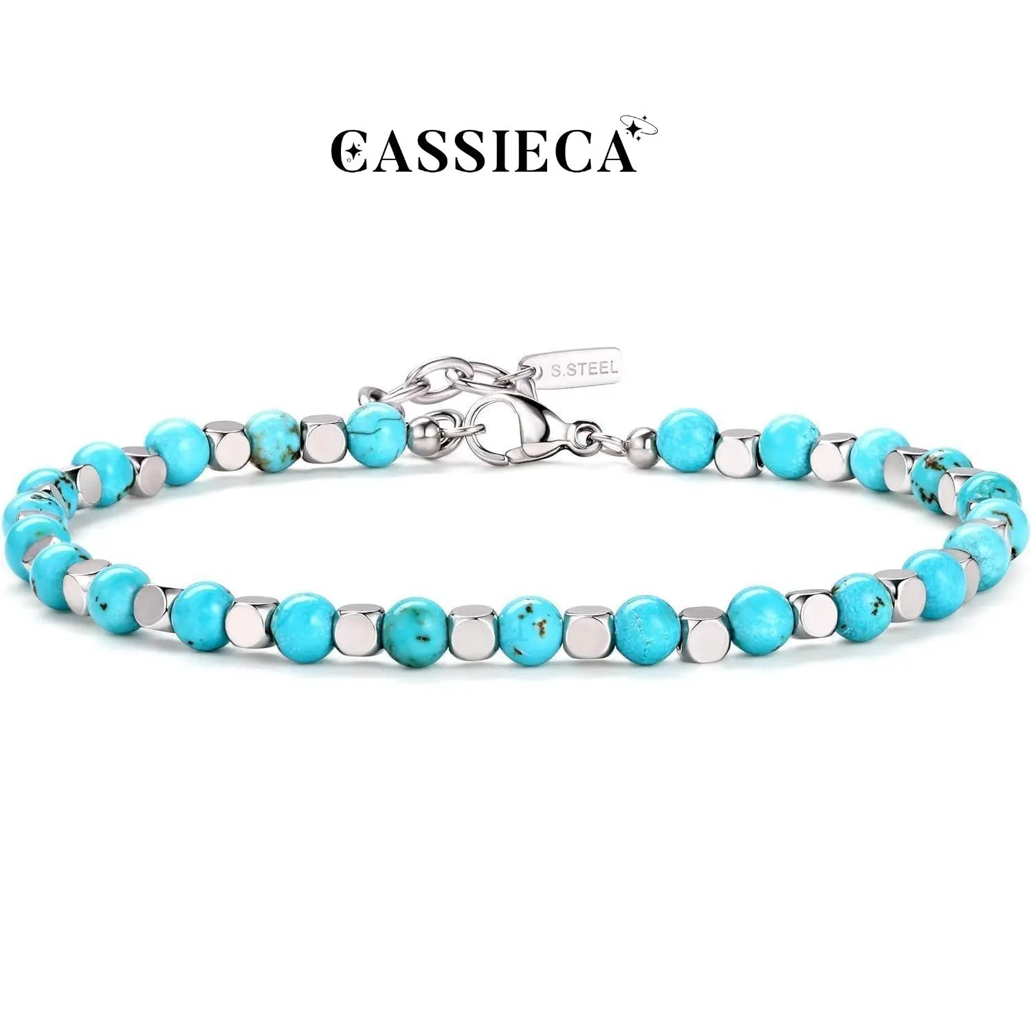CASSIECA 4MM Beaded Bracelets for Men Women Stainless Steel Beads Bracelet Tiger's Eye Bracelet Handmade Bead Turquoise Bracelet Natural Stone Beaded Bracelets Accessories Gifts for Women Girlfriend Sohochic