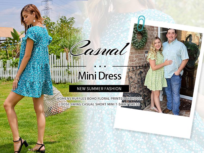 Wenrine Women's Ruffles Boho Floral Printed Babydoll Loose Swing Casual Short Mini T-Shirt Dress Summer Soft