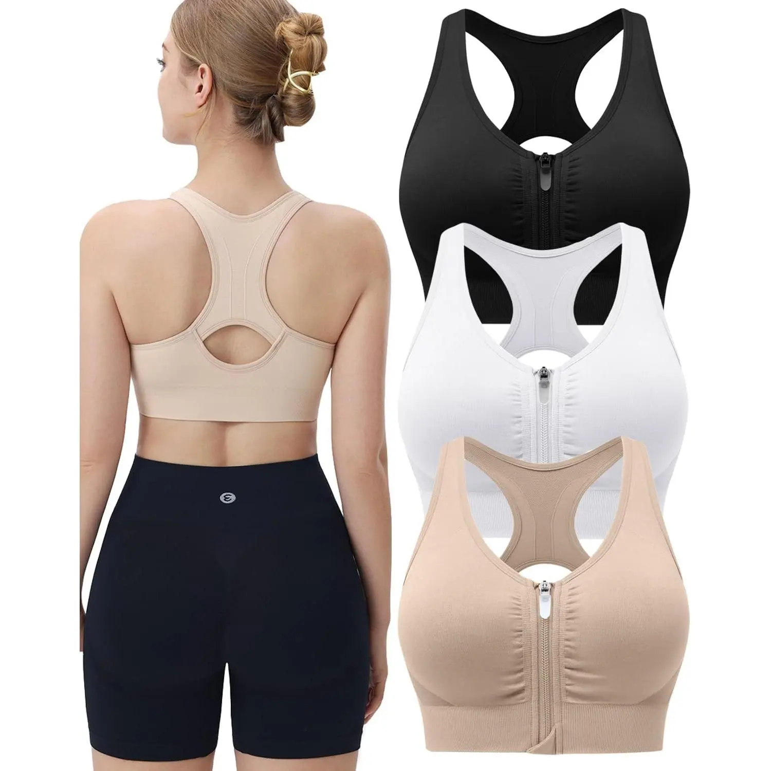 Women's Front Closure Compression Post-Surgery Bra - Padded, No Underwire, Wireless, Removable Pads, Full Coverage Racerback with Front Zip for Mastectomy & Breast Reduction RecoveryGift