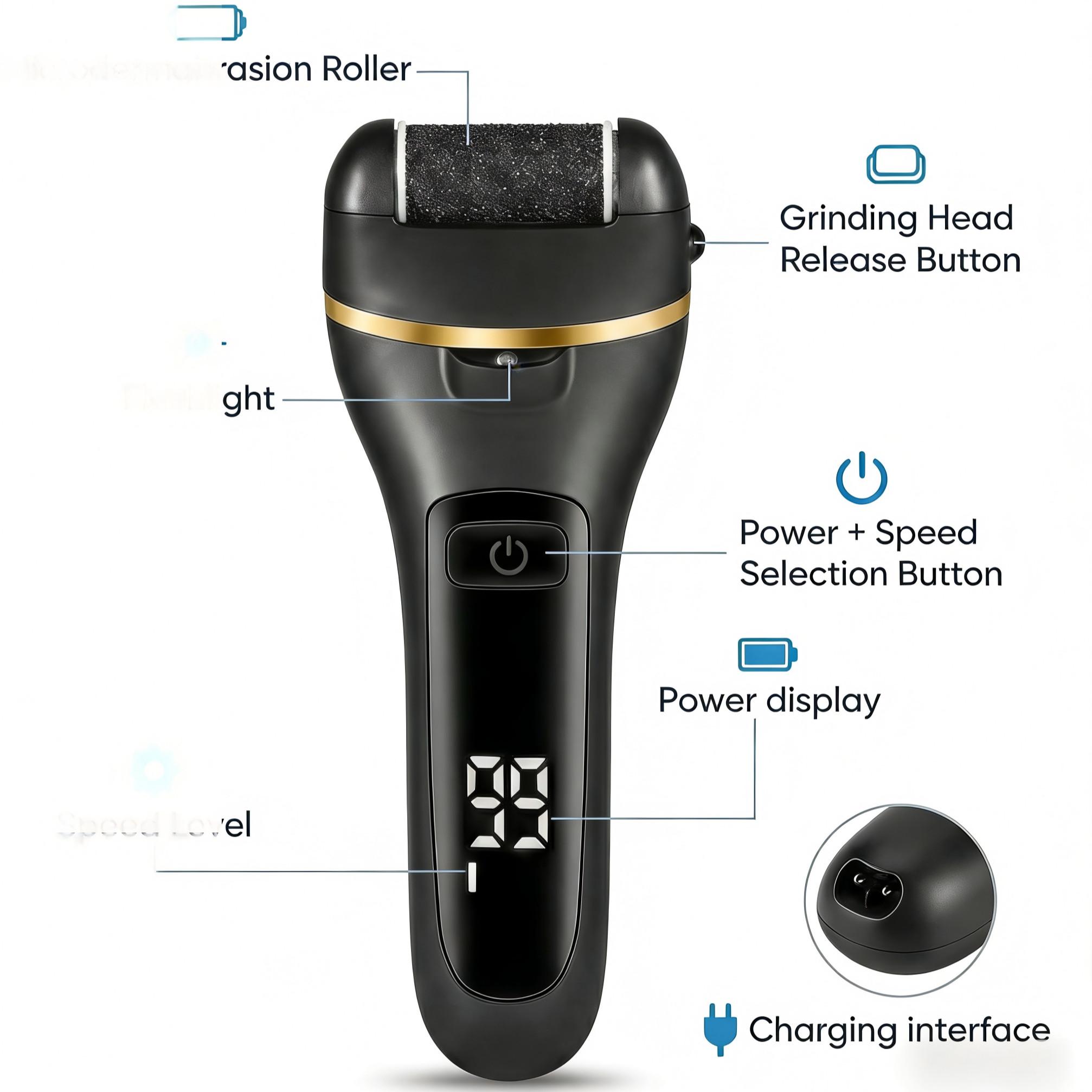 Electric Foot Exfoliator Kit, Rechargeable Nail Care Tool, 3 Rollers, 2 Speeds, Battery Display, Removes Dry Heels, Calluses, Dead Skin