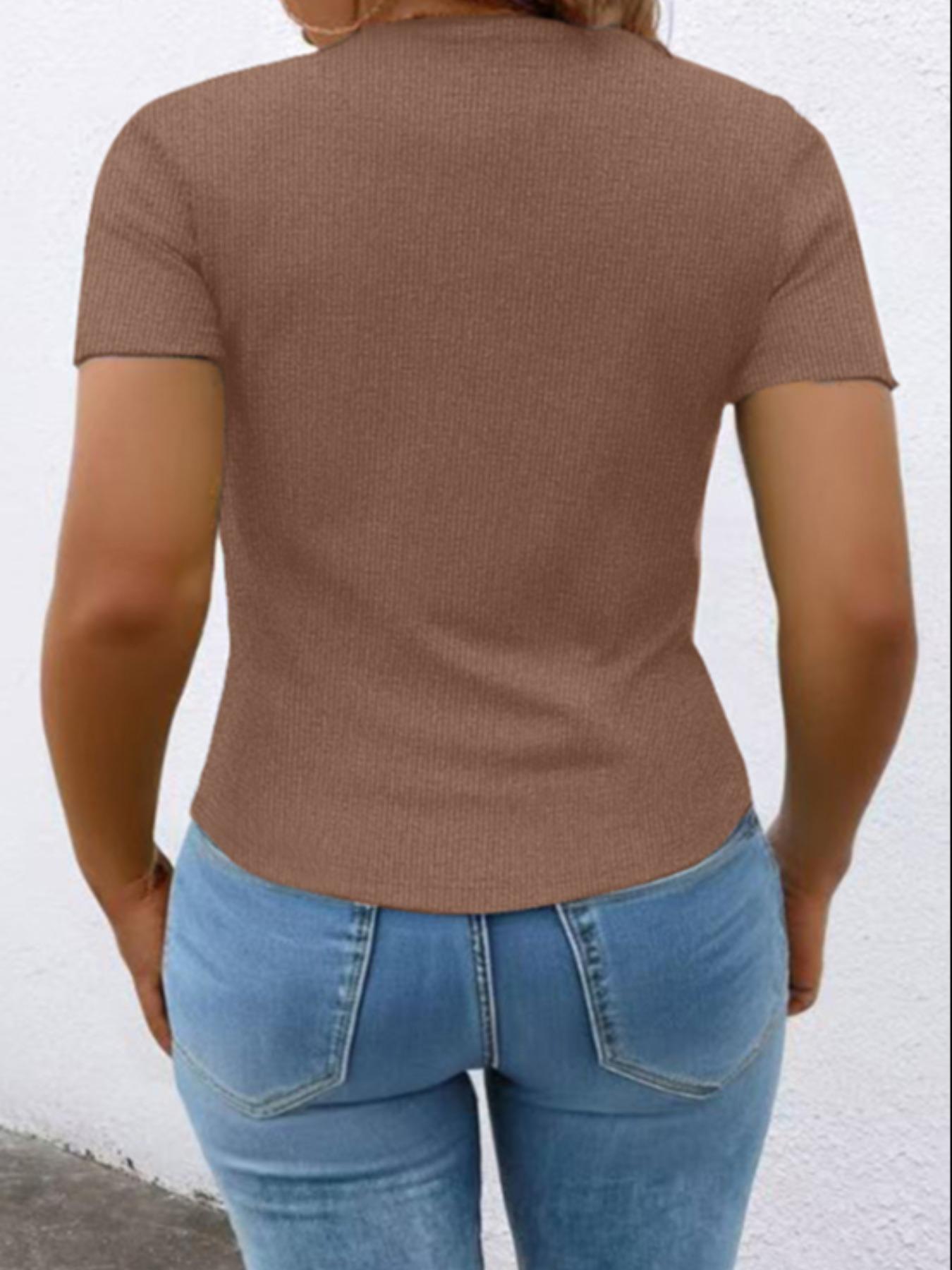 【Plus Size】 Solid Ribbed Short Sleeve Top, Casual Button Front Top for Summer, Women's Plus Clothing for Daily Wear 【Plus Size】 Solid Ribbed Short Sleeve Top, Casual Button Front Top for Summer, Women's Plus Clothing for Daily Wear