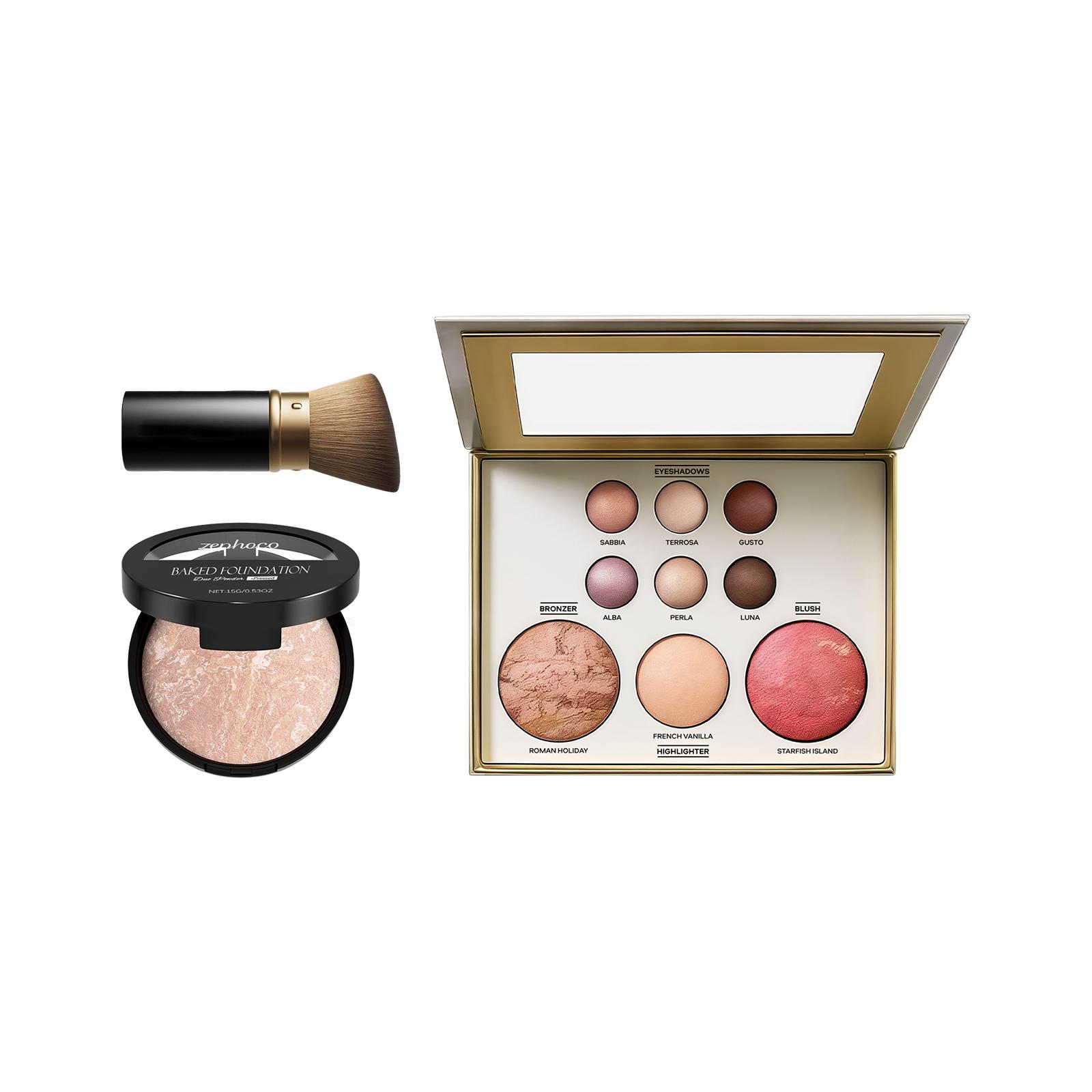 Makeup Palette Set, 4-in-1 Eyeshadow Highlighter Contour Blush with 15g Baked Foundation & Makeup Brush, Natural Long-Lasting Full Face Makeup Kit