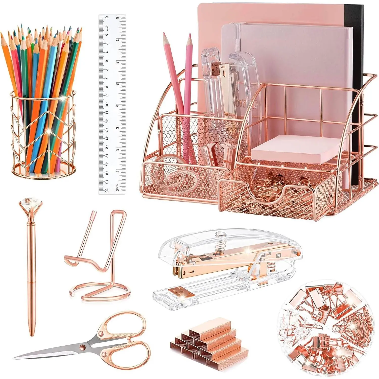 Rose Gold Desk Organizer Set with Stapler, Pen Holder, Phone Holder, Scissors, Pen, Ruler, 30 Paper Clips, 22 Binder Clips, 20 Tacks, 1000 Staples - Office Supplies AccessoriesGift
