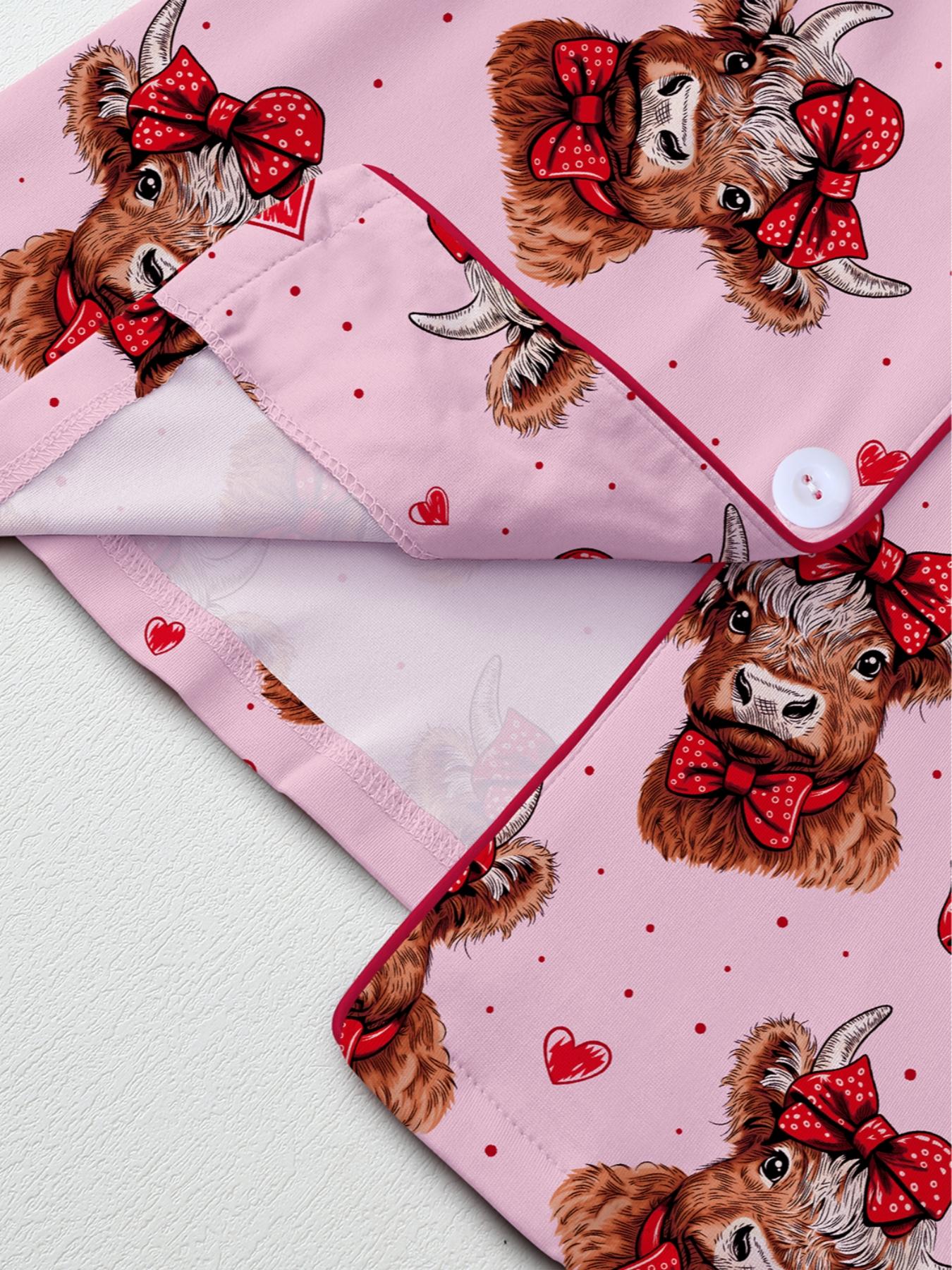 Valentine's Day Women's Pajama Set, Comfortable Cute Elastic Highland Cow Bow Collar Shirt & Pants Two-Piece Sleepwear, Party Wear