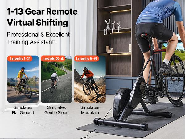 VEVOR Bike Trainer, 1-13 Level, 26-29 in 700C Wheels, Smart Bicycle Stationary Stand for Indoor Exercise Riding with Front Wheel Riser Block, Fits Road and Mountain Bikes, Compatible with Zwift App